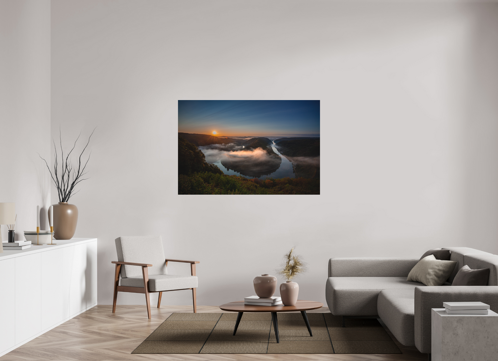 150 x 100 cm, Foto-Abzug hinter Acrylglas 3 mm matt Sonnenaufgang an der Saarschleife