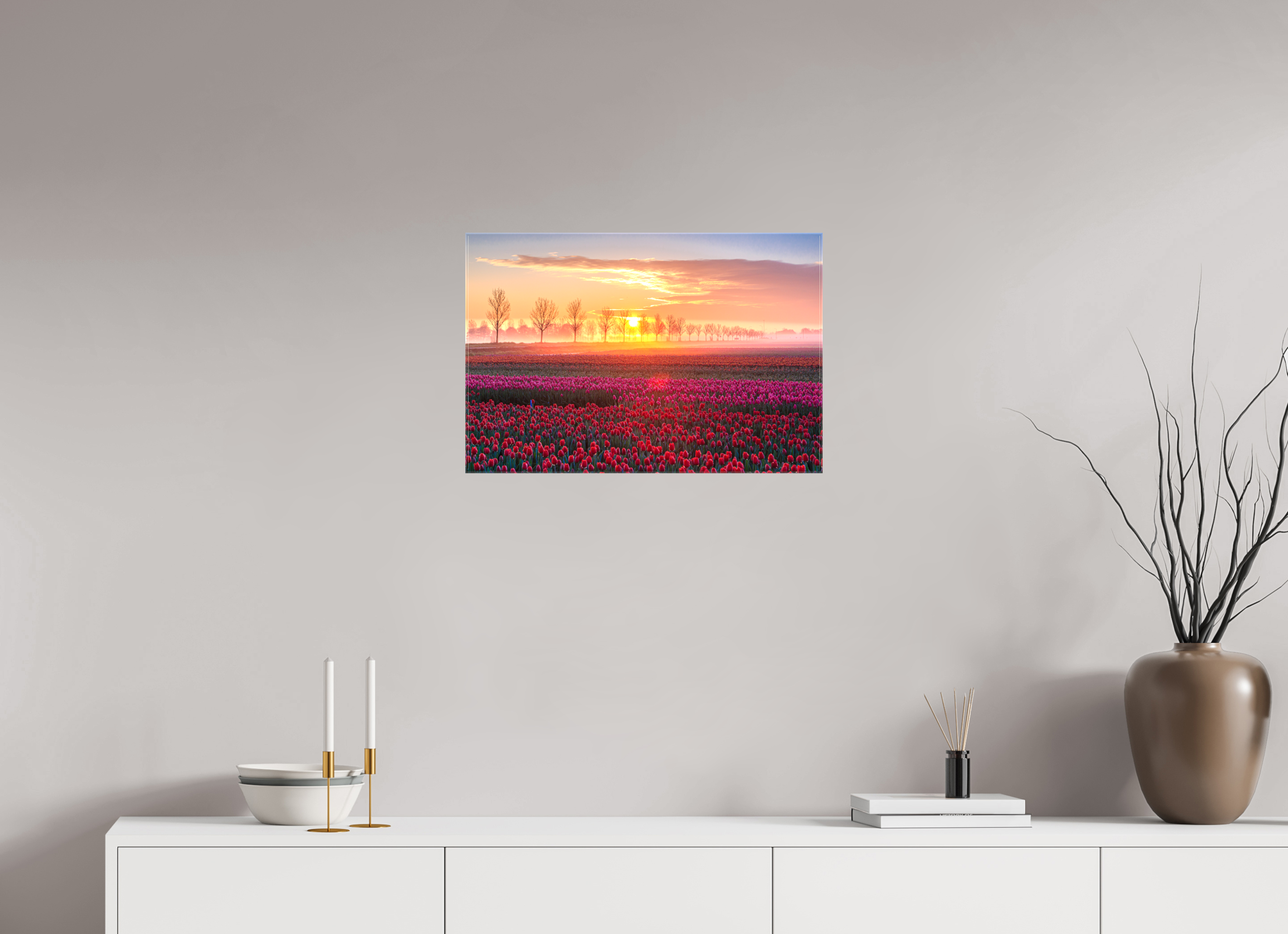 60 x 40 cm, Foto Leinwand glänzend Sonnenaufgang über dem Tulpfenfeld