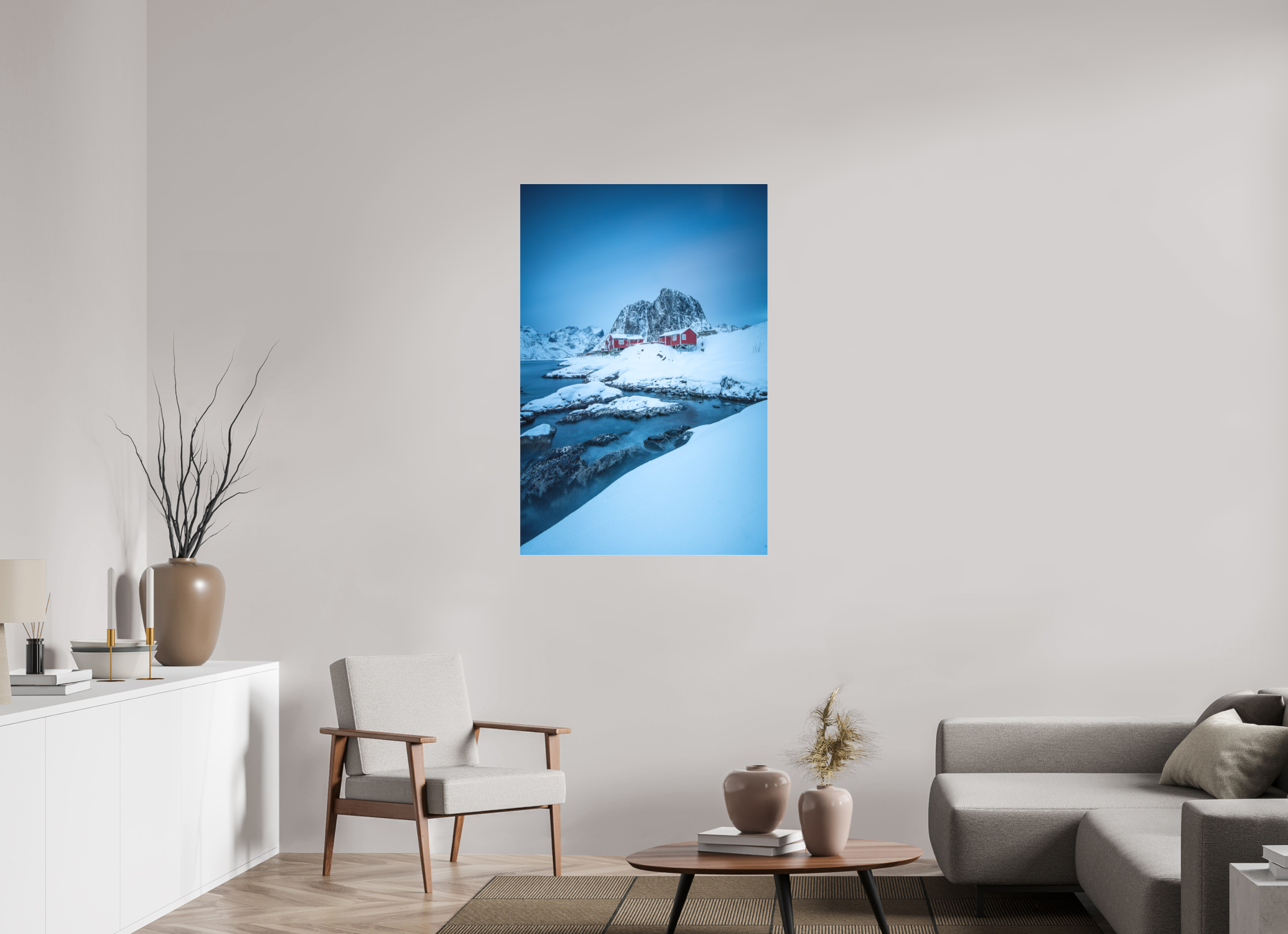 80 x 120 cm, Foto-Abzug hinter Acrylglas 3 mm matt Winterstille in Hamnøy – Felsen, Wasser und rote Häuser