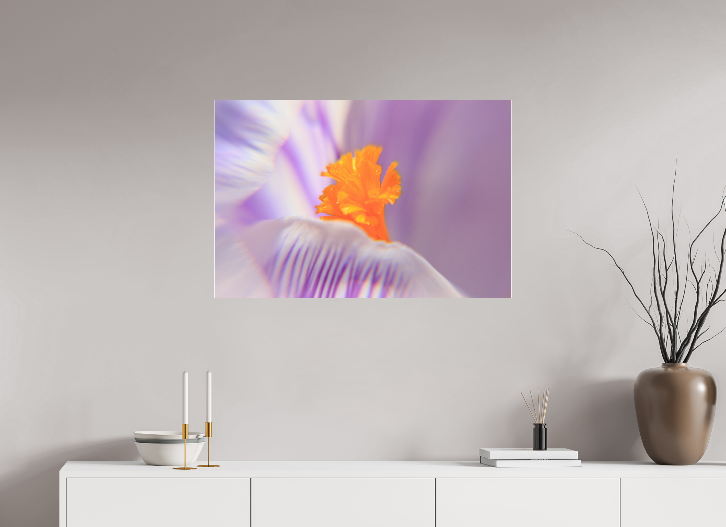 90 x 60 cm, Foto-Abzug Acrylglas 4 mm glänzend Das Herz des Krokus: Schärfe auf Lila