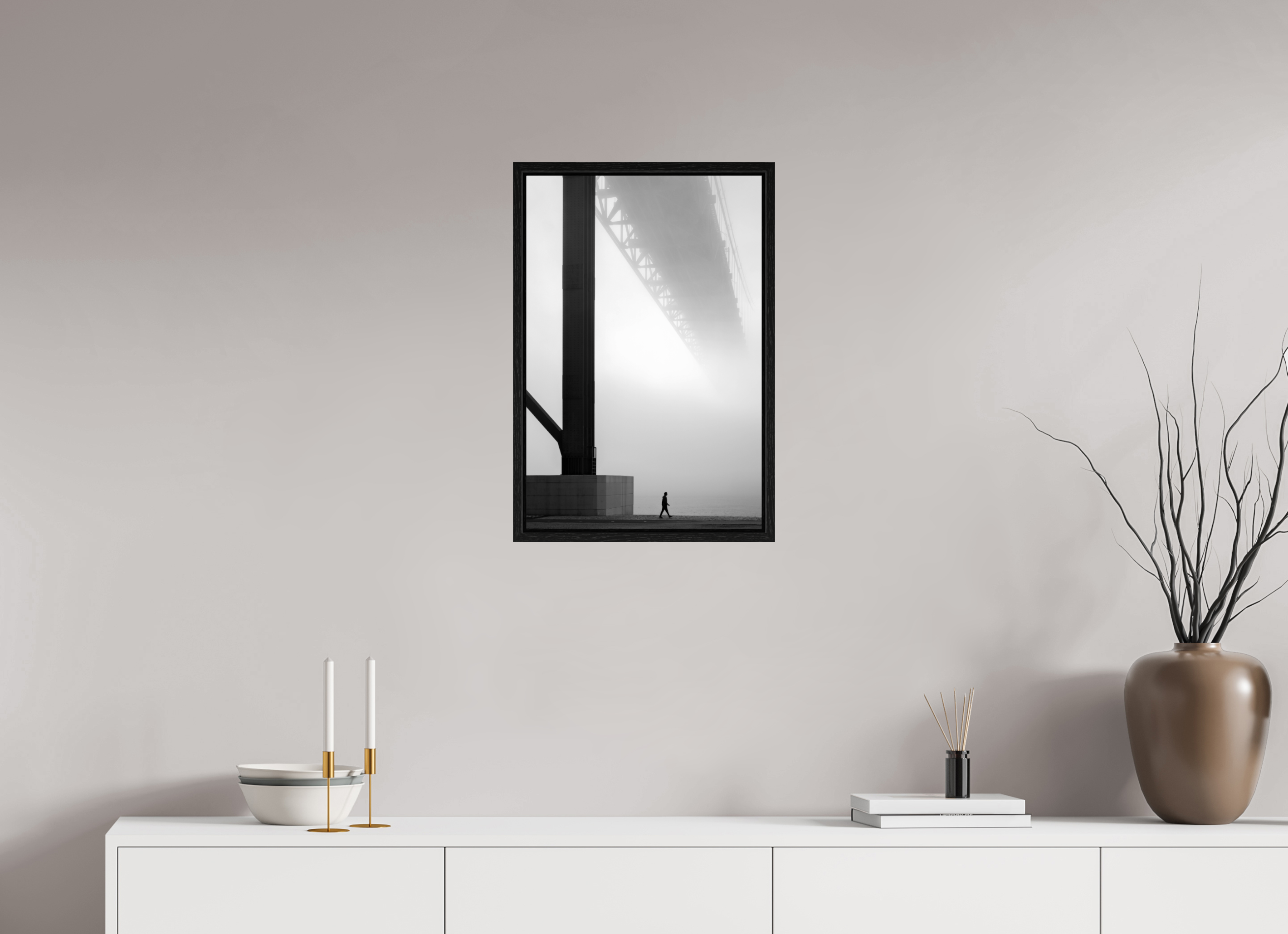 40 x 60 cm, Floater Frame Lissabon Brücke im Nebel S/W – Wandbild in Galeriequalität
