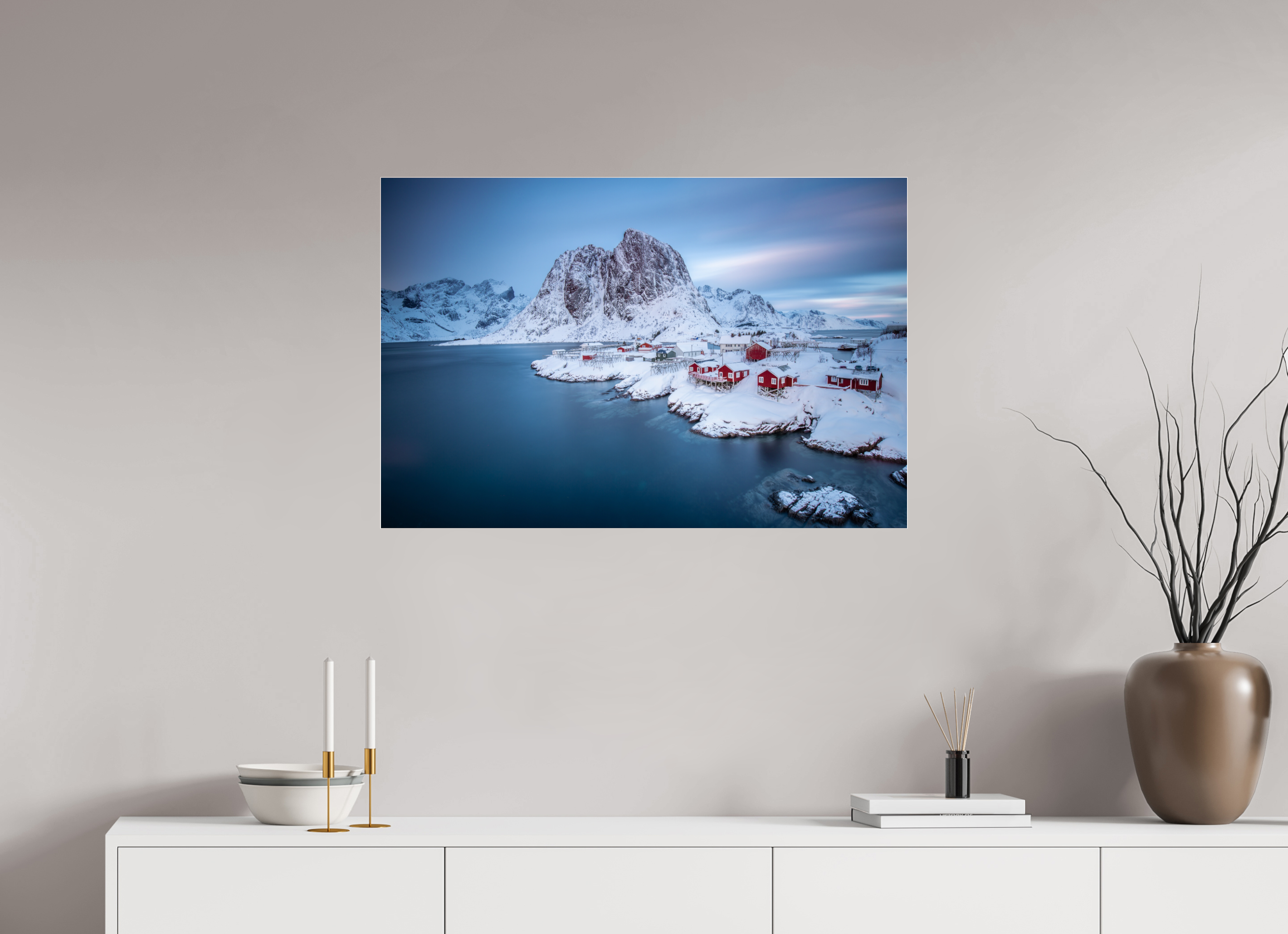 90 x 60 cm, Foto-Abzug Acrylglas 4 mm glänzend Hamnøy - Fischerdorf auf den Lofoten im Winter