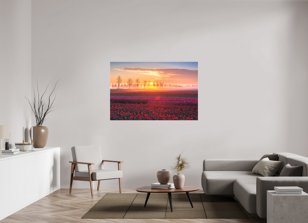 150 x 100 cm, Foto-Abzug hinter Acrylglas 3 mm matt Sonnenaufgang über dem Tulpfenfeld