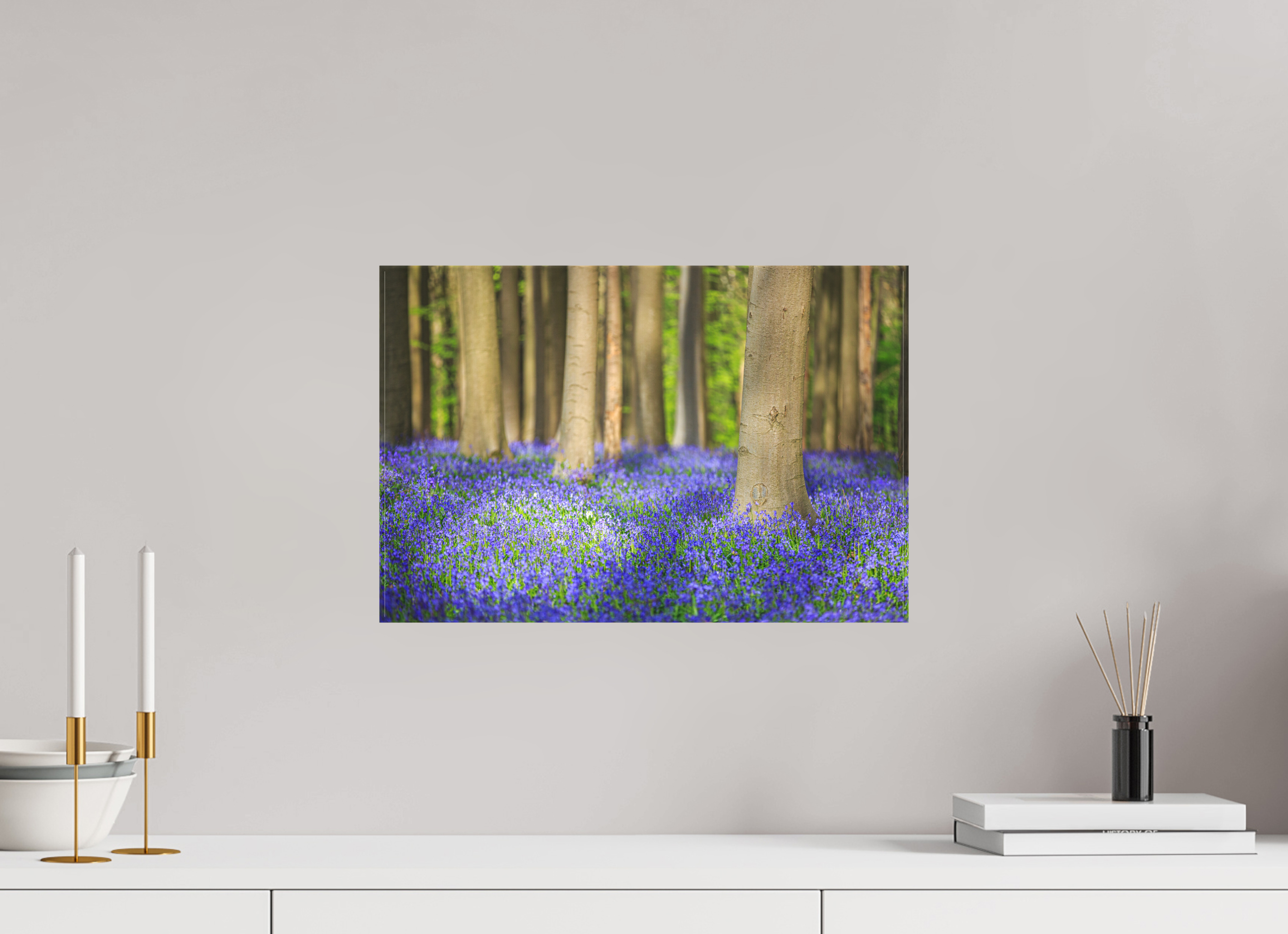 45 x 30 cm, Foto-Leinwand matt Mystischer Frühlingswald – Tanz des Lichts über blauem Blütenmeer