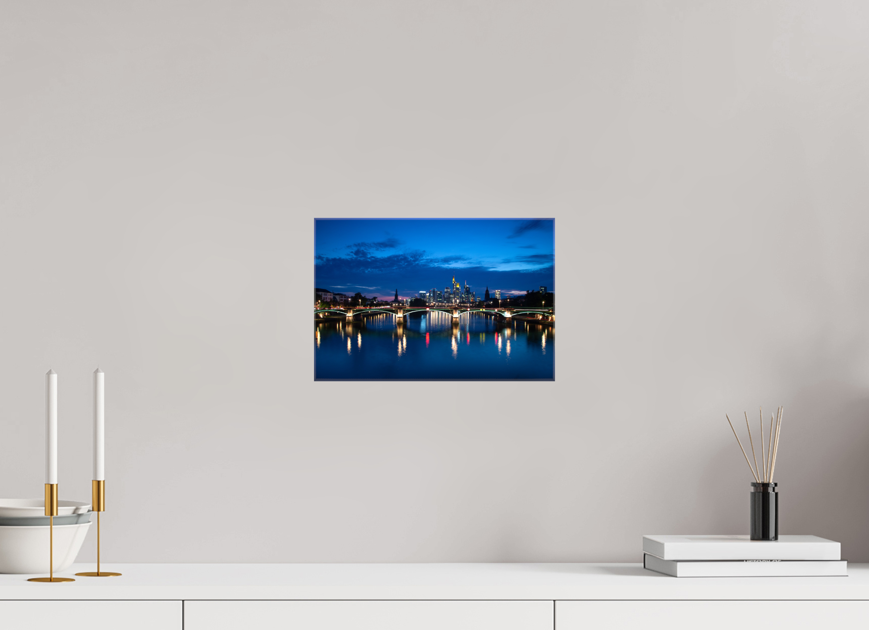 30 x 20 cm, Foto Leinwand glänzend Frankfurter Skyline – Flößerbrücke zur Blauen Stunde