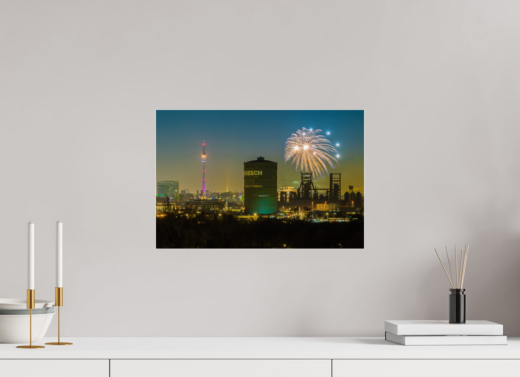 45 x 30 cm, Acrylglas 4 mm glänzend Feuerwerk an der Dortmunder Skyline