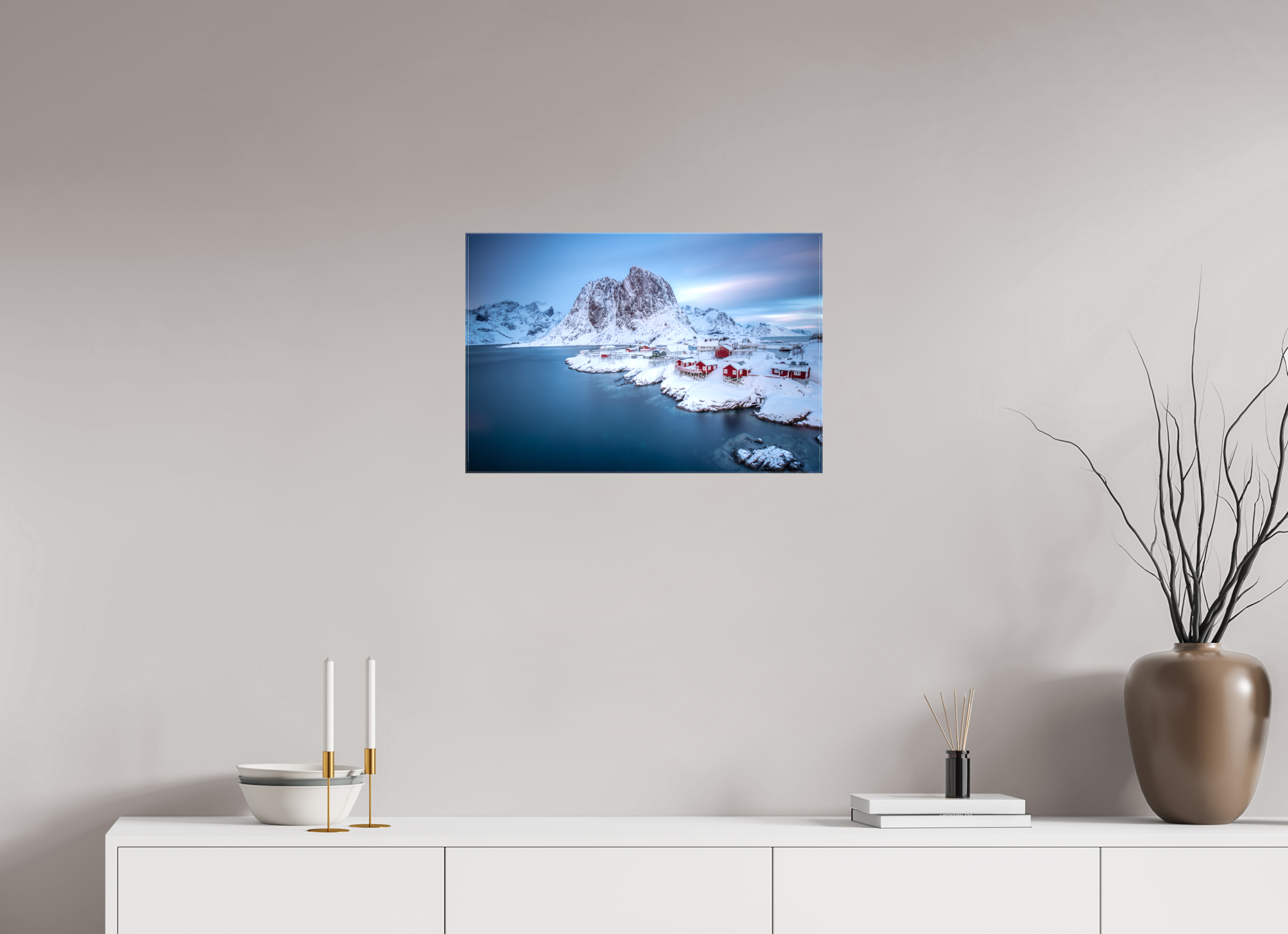 60 x 40 cm, Foto Leinwand glänzend Hamnøy - Fischerdorf auf den Lofoten im Winter