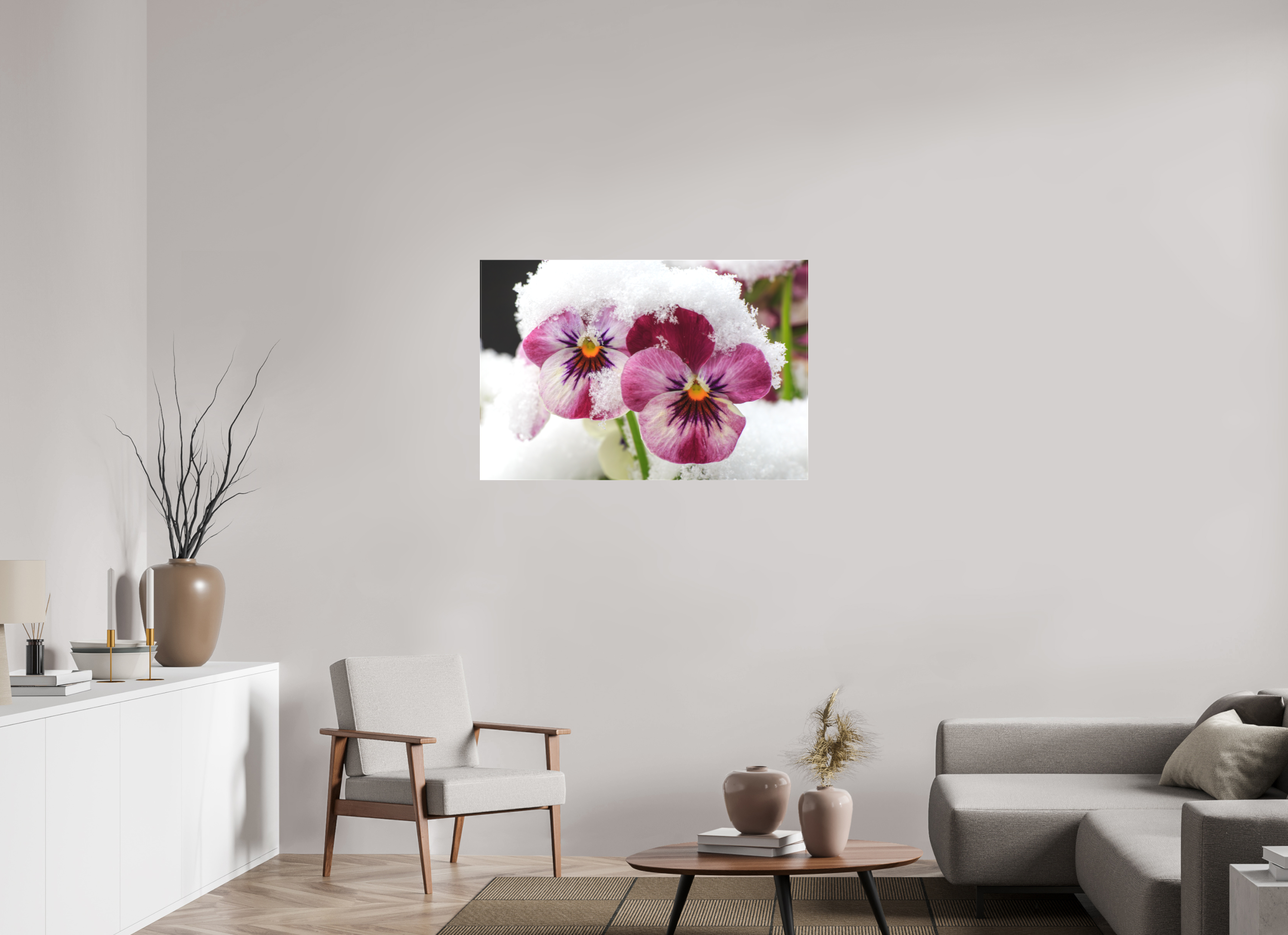 105 x 70 cm, Foto-Leinwand matt Winterzauber: Veilchenblüte mit glitzernden Eiskristallen
