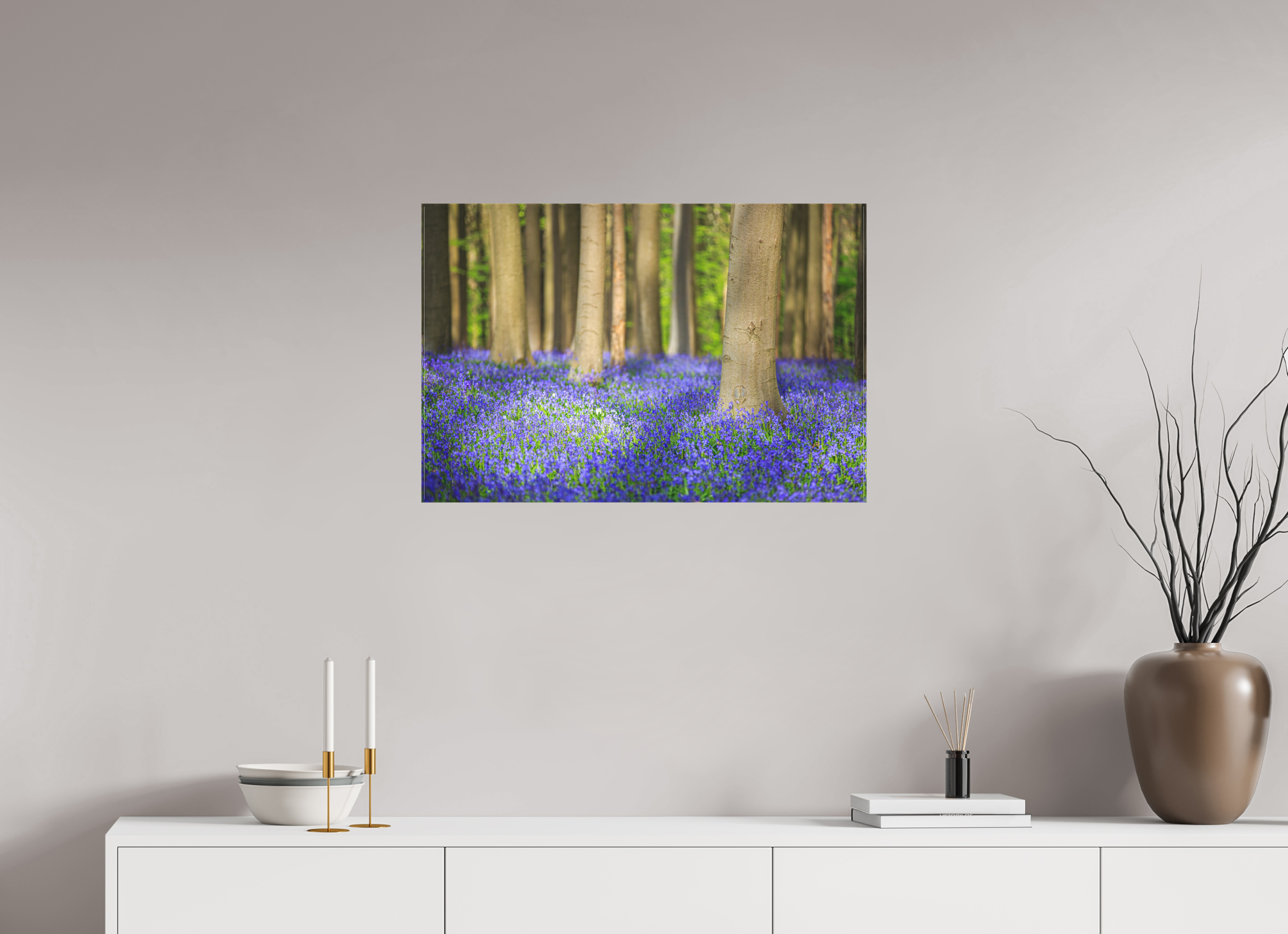 75 x 50 cm, Foto-Leinwand matt Mystischer Frühlingswald – Tanz des Lichts über blauem Blütenmeer