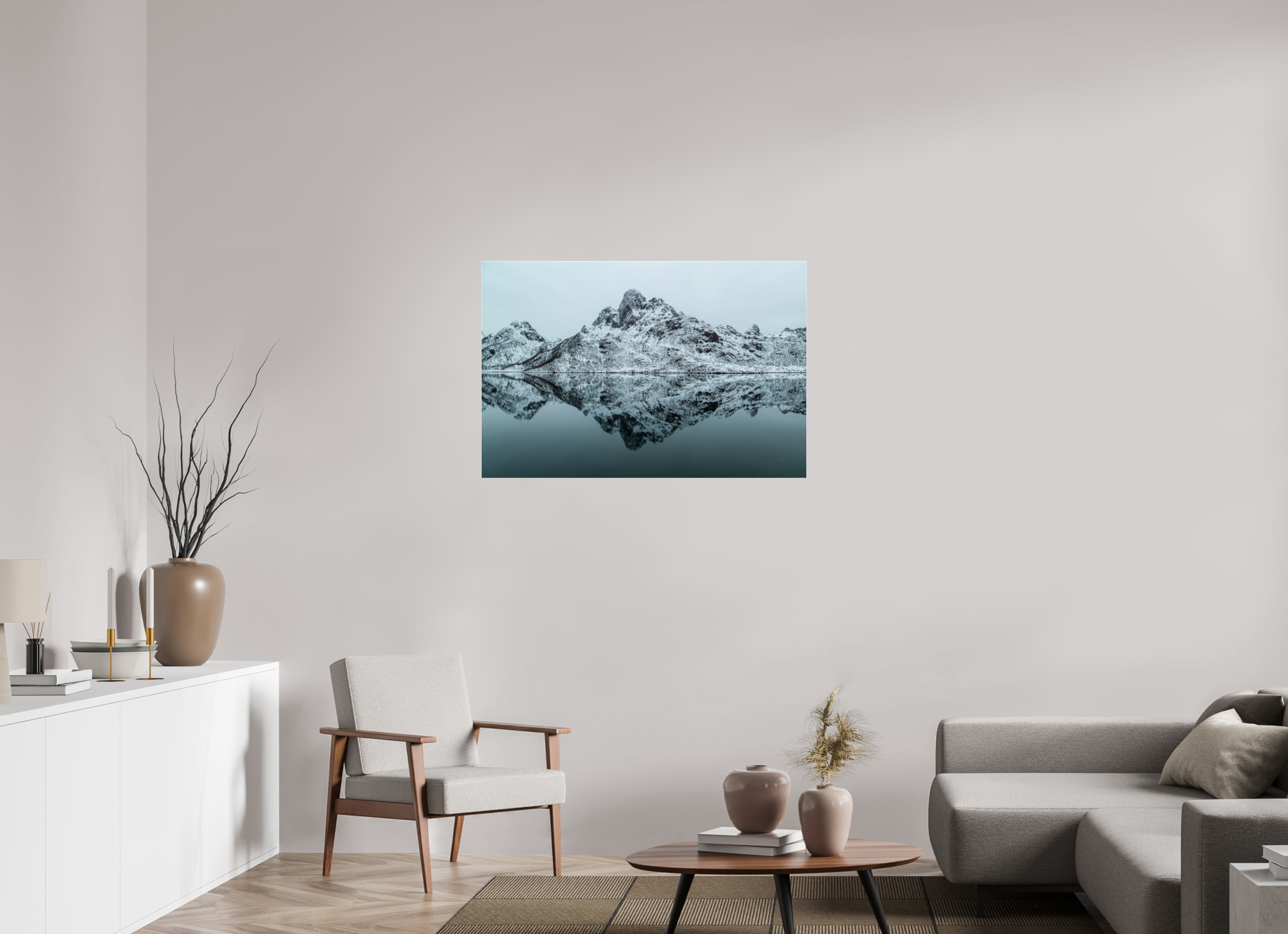 105 x 70 cm, Foto-Abzug Acrylglas 4 mm glänzend Spiegelung der Stille – Fjordlandschaft Norwegens