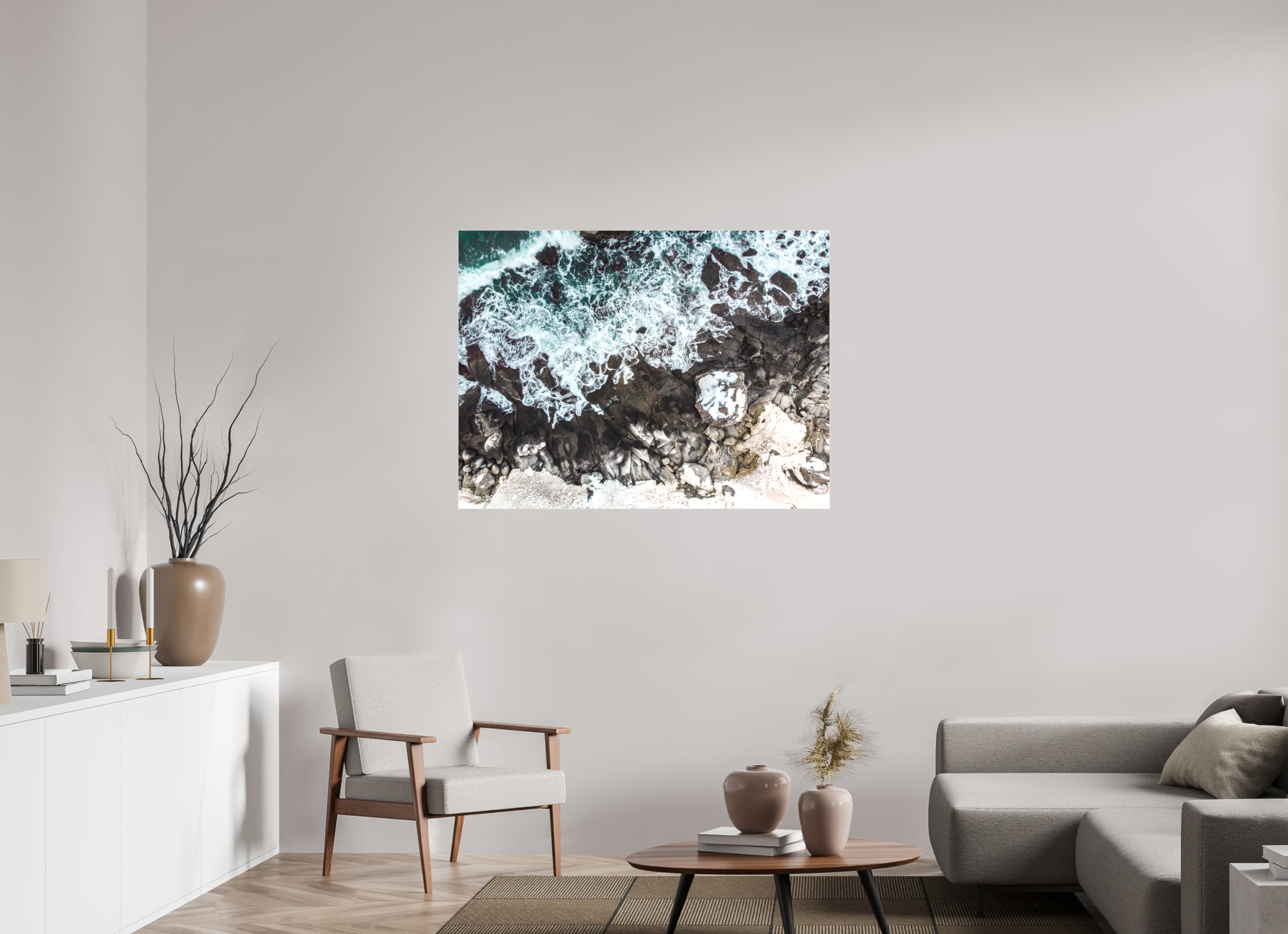 120 x 90 cm, Foto-Abzug hinter Acrylglas 3 mm matt Kraft des Nordens – Die wilde Küste Norwegens von oben