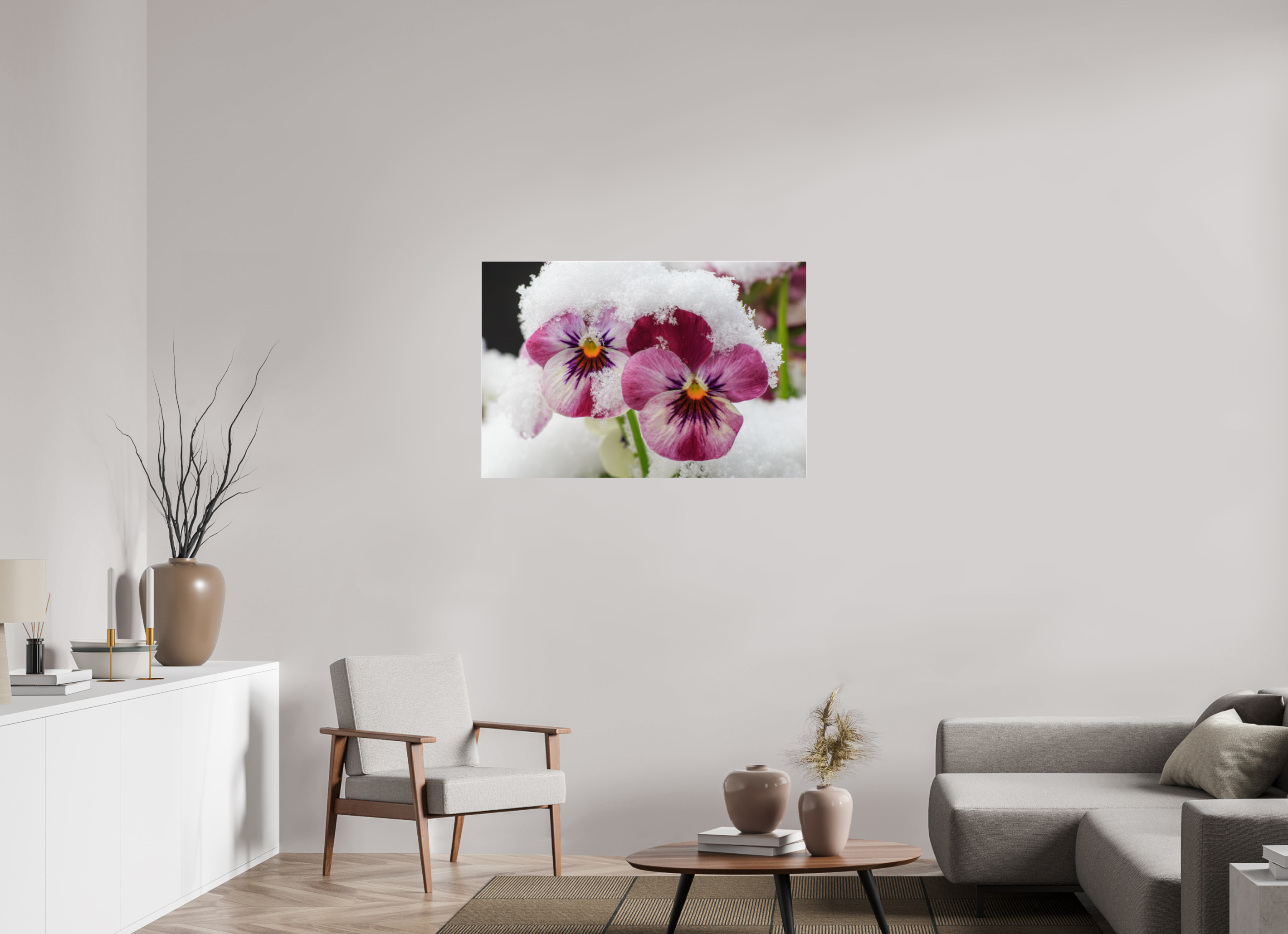 105 x 70 cm, Foto-Abzug Acrylglas 4 mm glänzend Winterzauber: Veilchenblüte mit glitzernden Eiskristallen