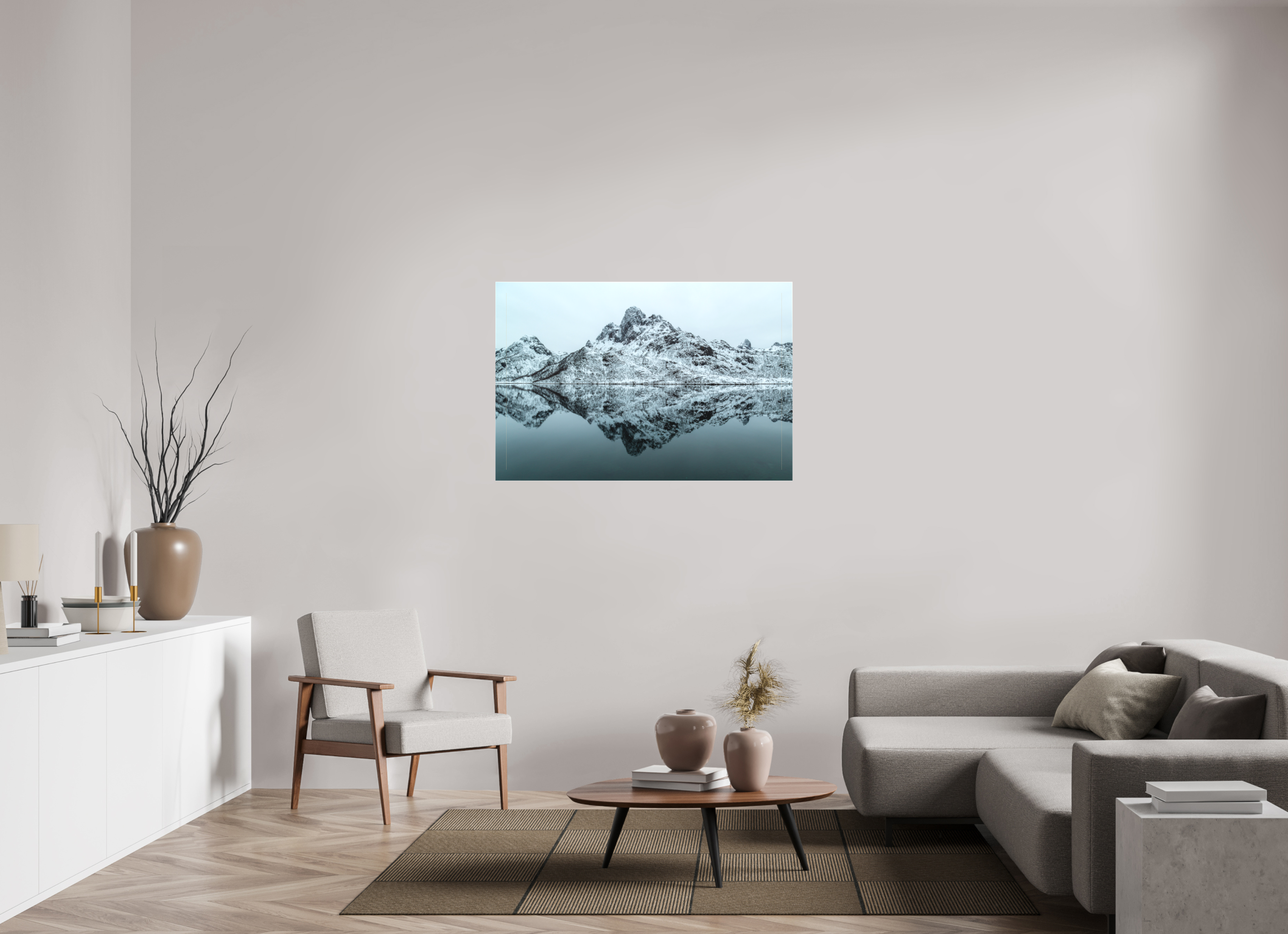120 x 80 cm, Foto-Leinwand matt Spiegelung der Stille – Fjordlandschaft Norwegens