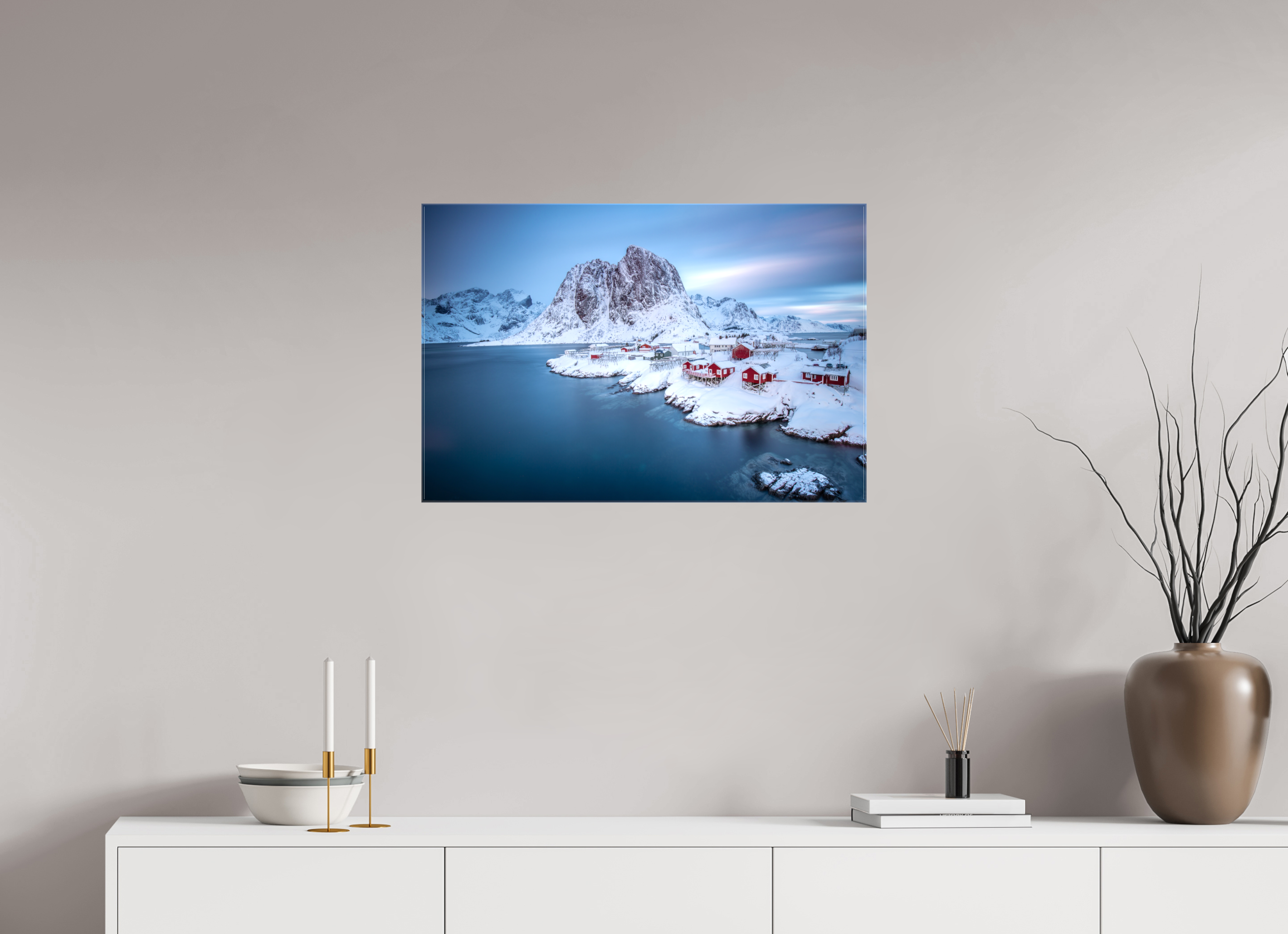 75 x 50 cm, Foto Leinwand glänzend Hamnøy - Fischerdorf auf den Lofoten im Winter