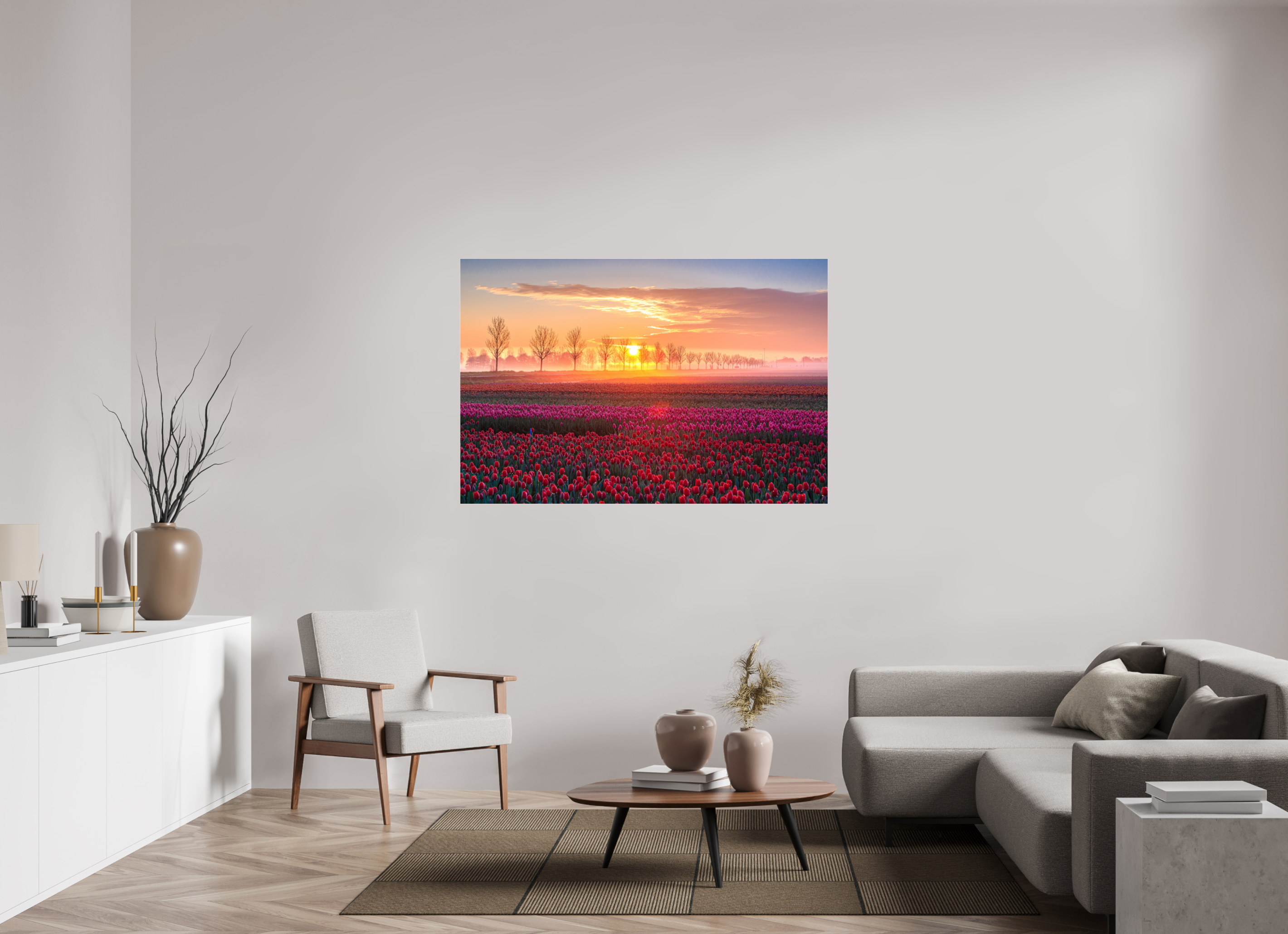 150 x 100 cm, Photo Print Under Acrylic Glass Sonnenaufgang über dem Tulpfenfeld