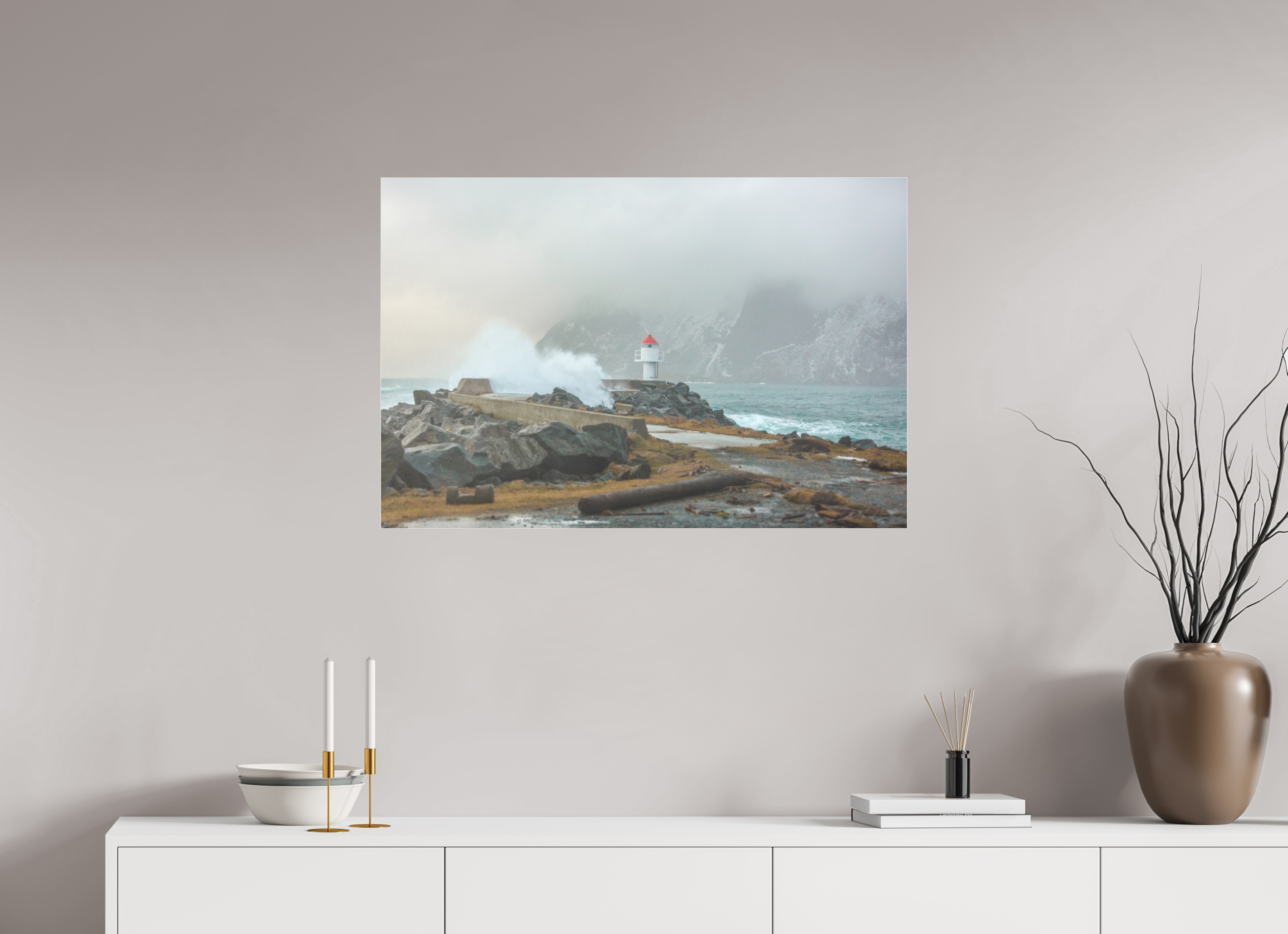 90 x 60 cm, Foto-Abzug hinter Acrylglas 3 mm matt Kraft der Elemente – Norwegens Küste im Sturm