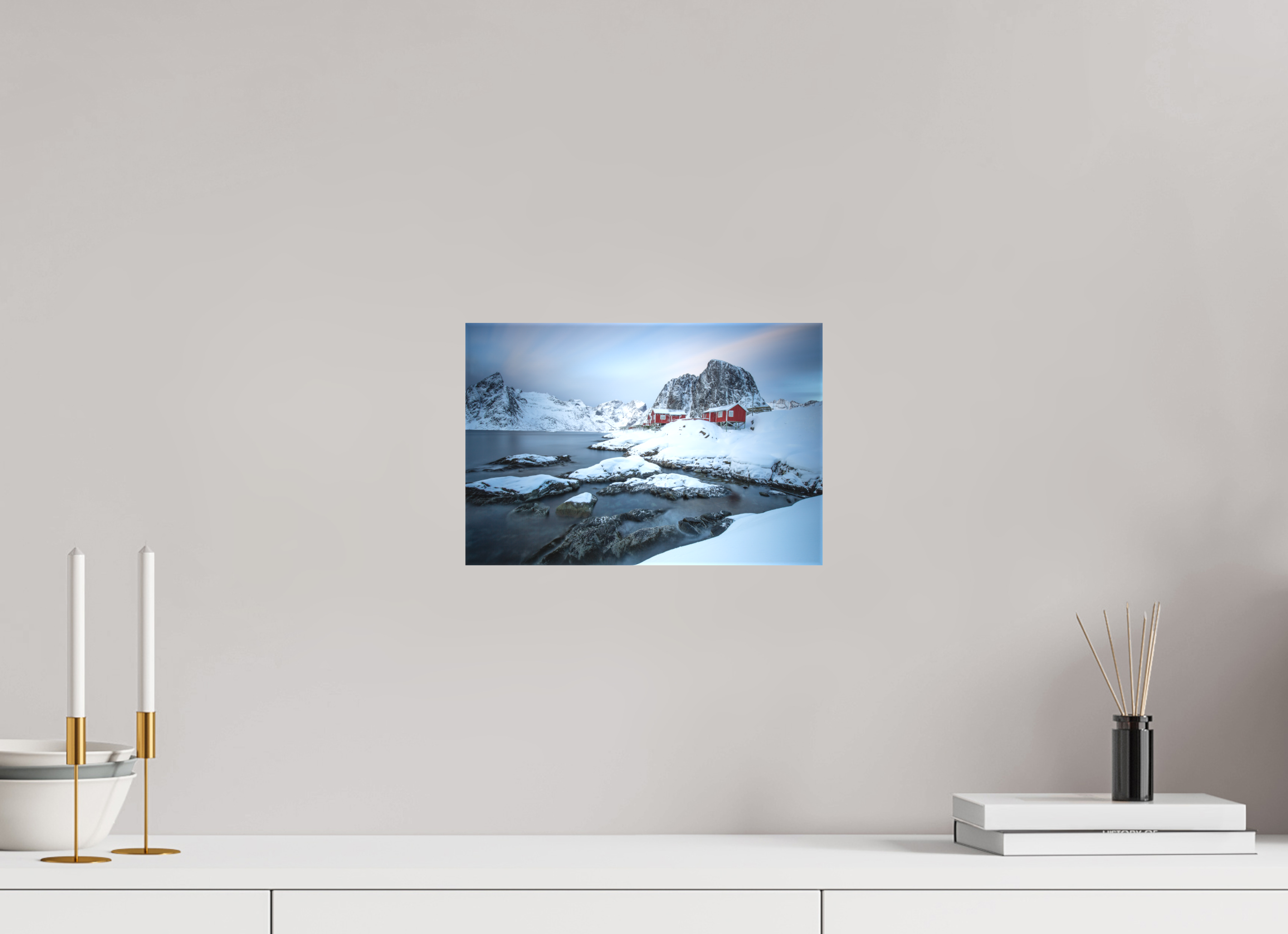 30 x 20 cm, Foto-Leinwand matt Nordische Ruhe – Hamnøy zwischen Felsen und Fjord
