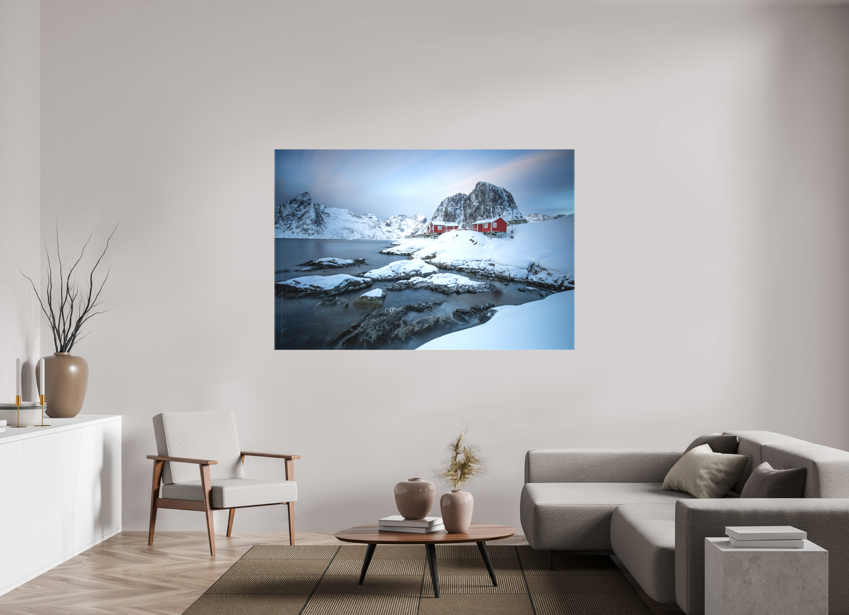 180 x 120 cm, Foto-Leinwand matt Nordische Ruhe – Hamnøy zwischen Felsen und Fjord