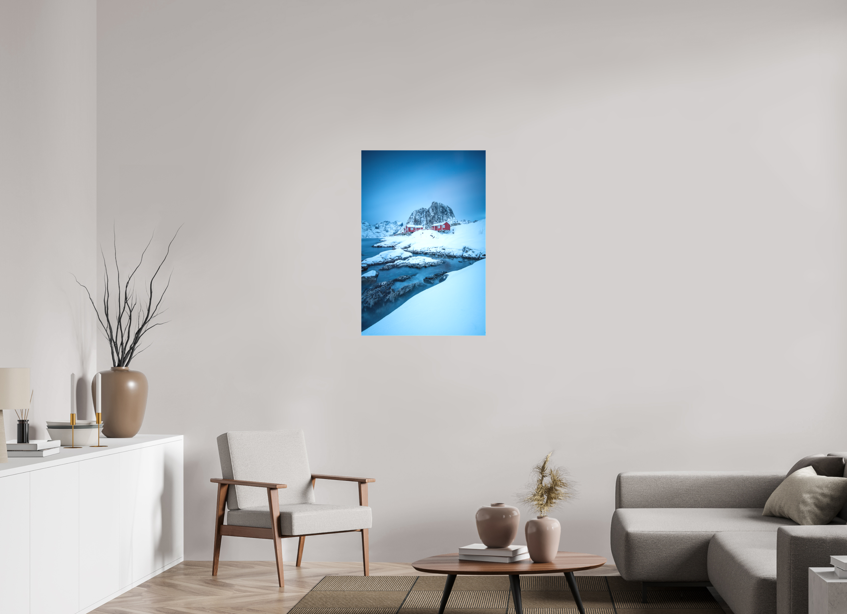 60 x 90 cm, Foto-Leinwand matt Winterstille in Hamnøy – Felsen, Wasser und rote Häuser