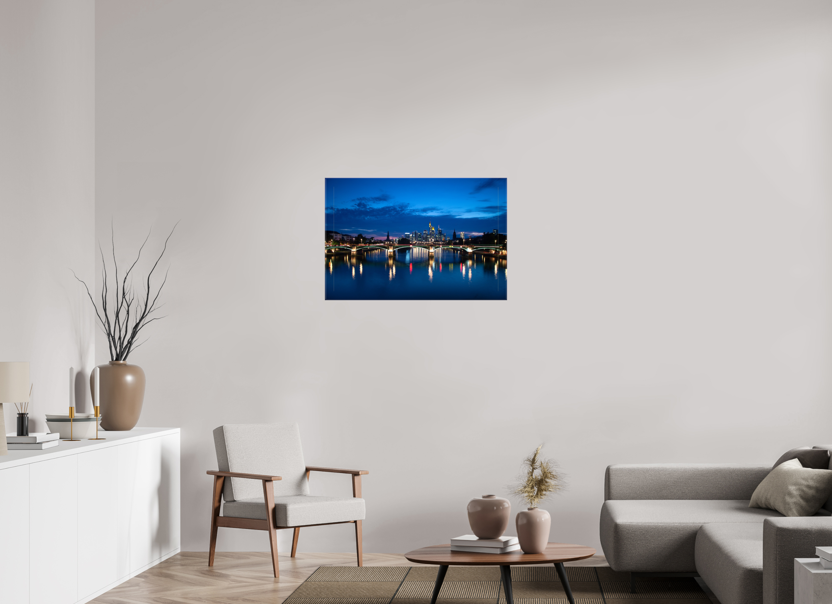 90 x 60 cm, Foto Leinwand glänzend Frankfurter Skyline – Flößerbrücke zur Blauen Stunde