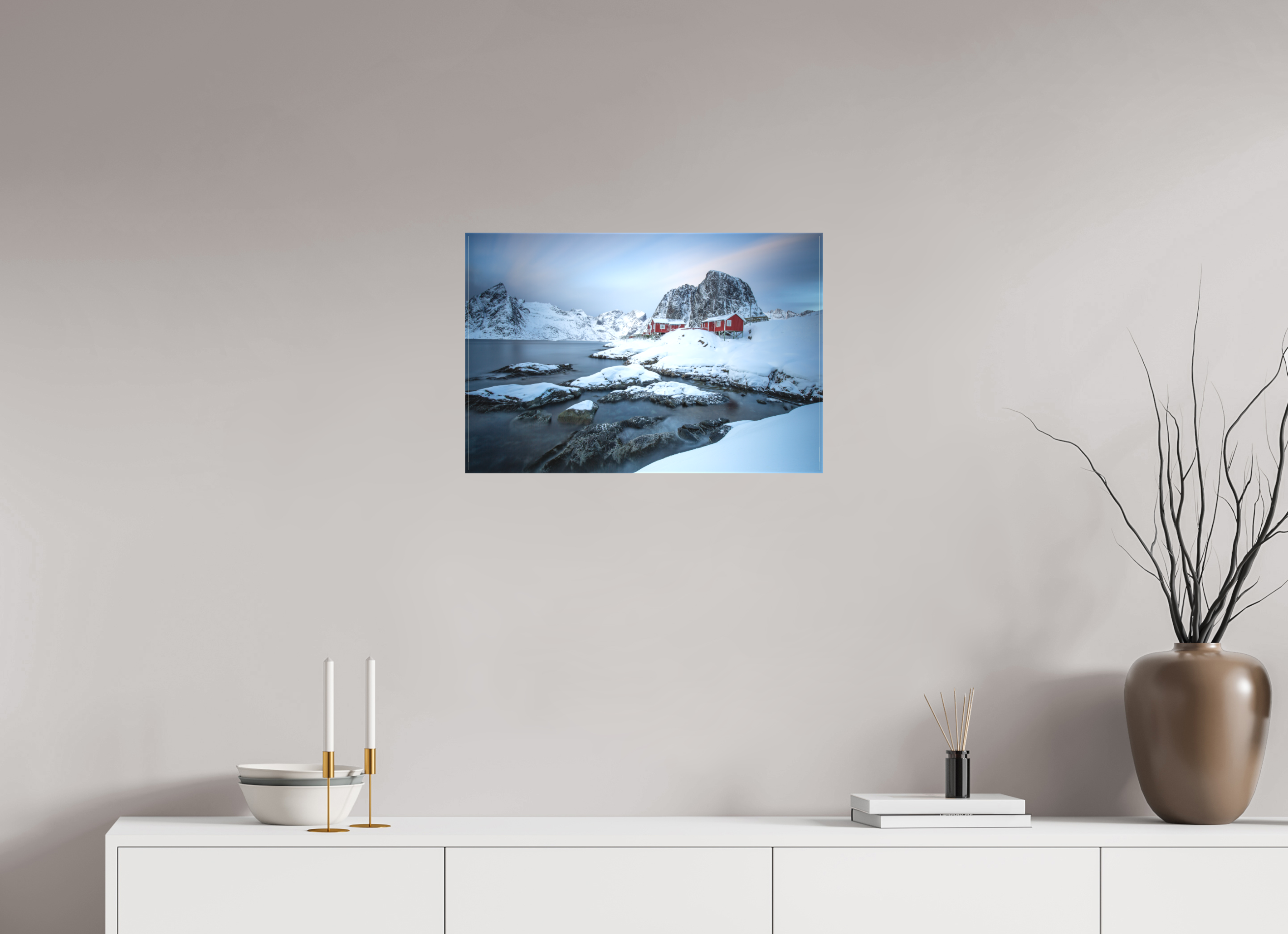 60 x 40 cm, Foto-Leinwand matt Nordische Ruhe – Hamnøy zwischen Felsen und Fjord