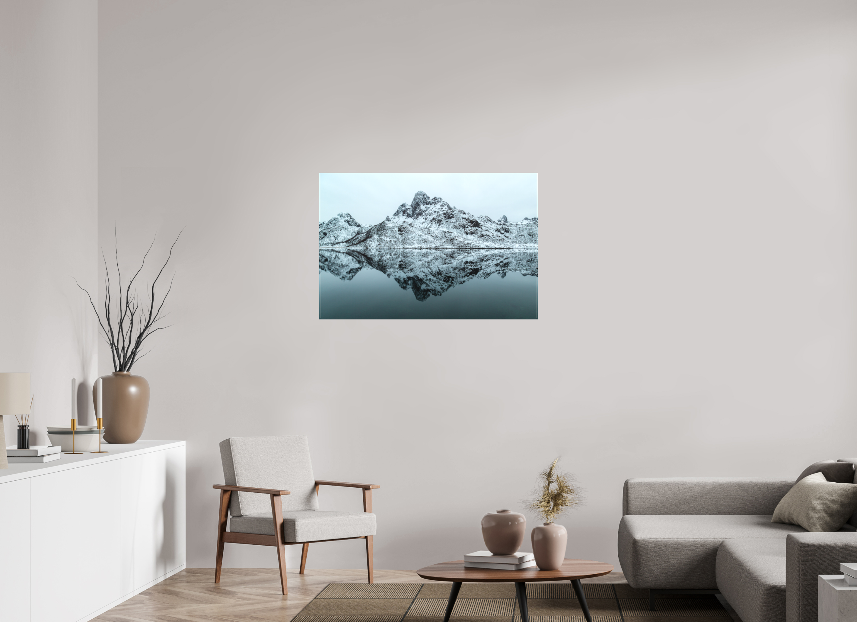 105 x 70 cm, Foto-Leinwand matt Spiegelung der Stille – Fjordlandschaft Norwegens