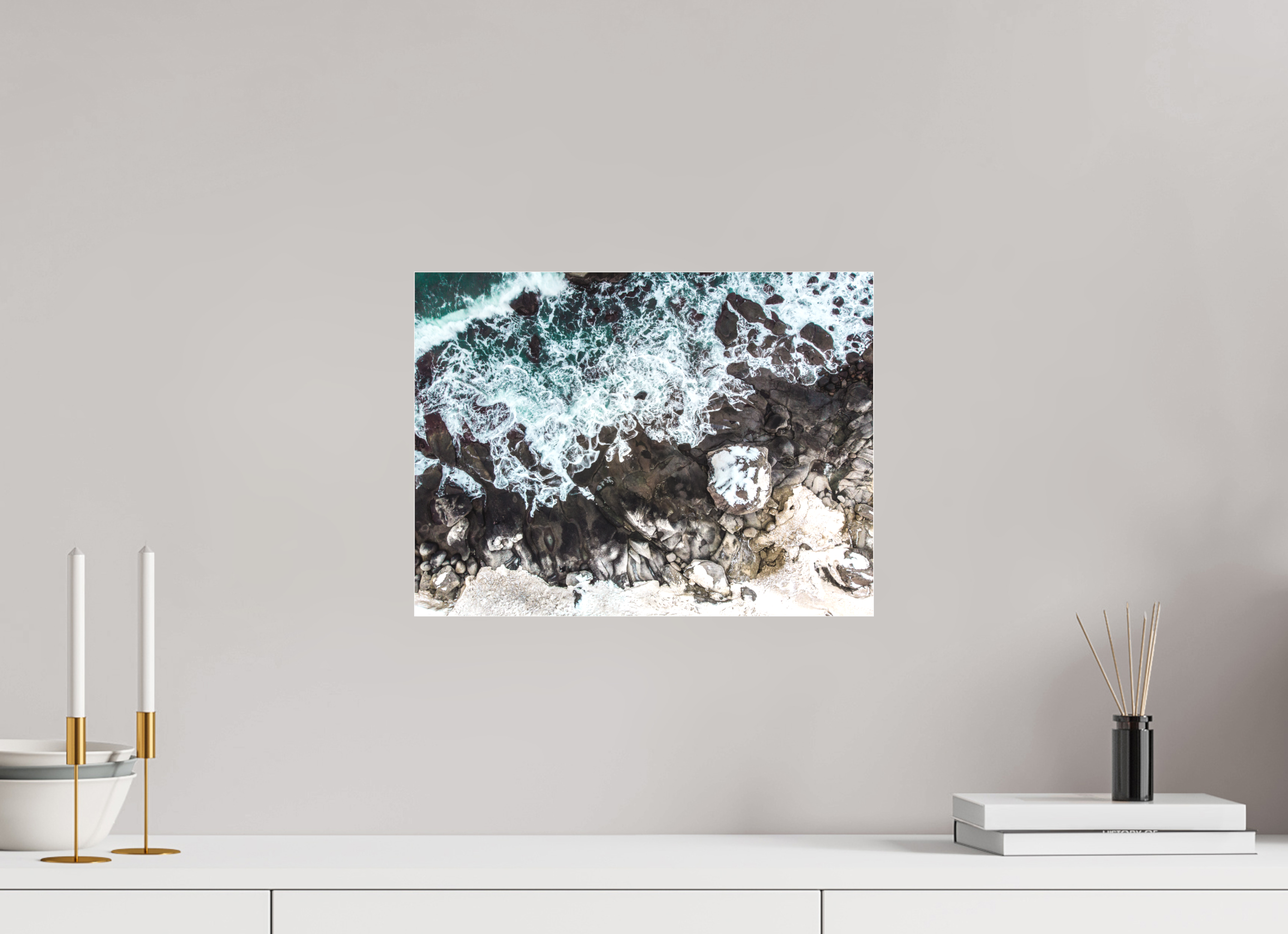 40 x 30 cm, Foto-Abzug hinter Acrylglas 3 mm matt Kraft des Nordens – Die wilde Küste Norwegens von oben