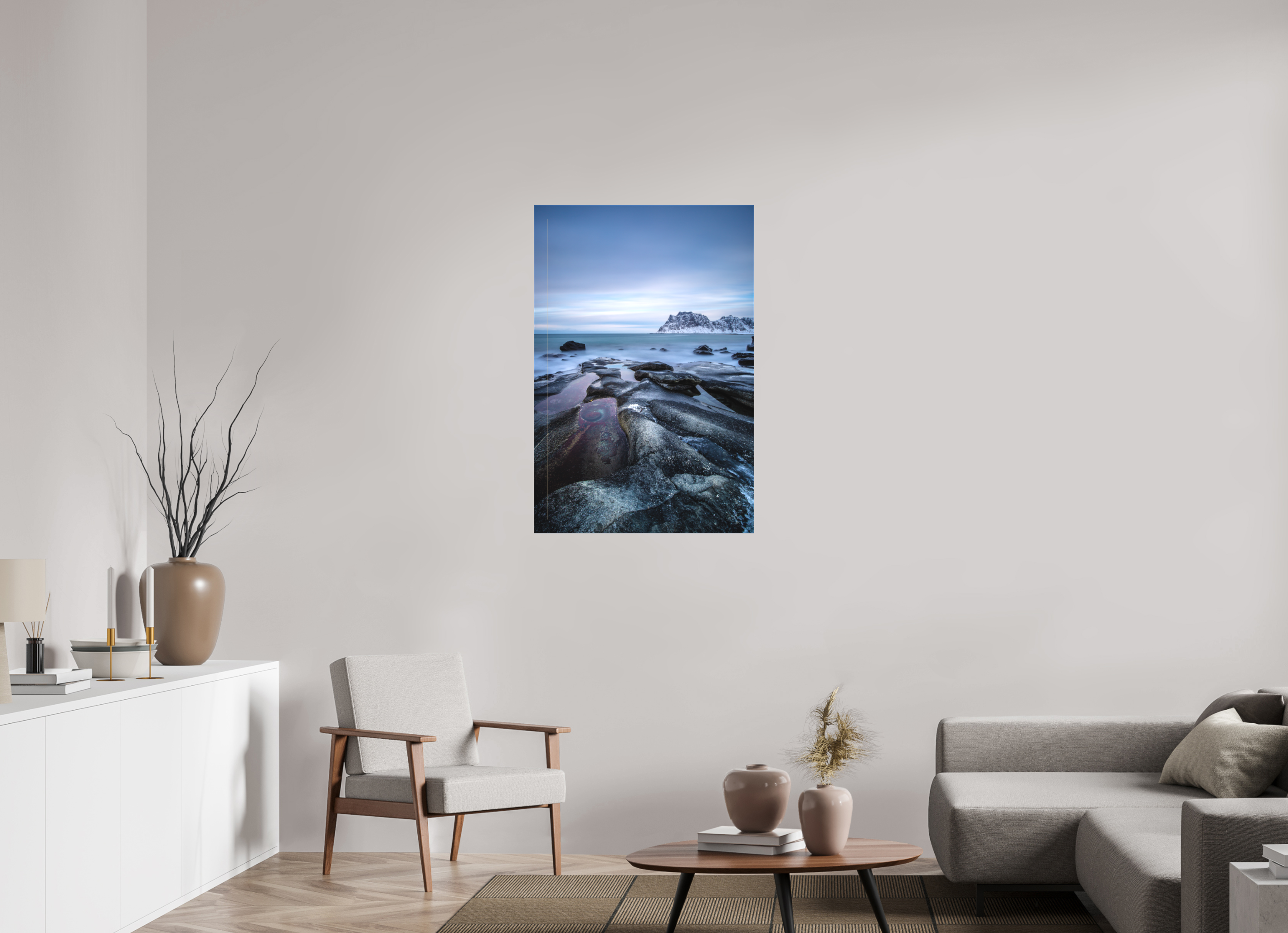 70 x 105 cm, Foto-Leinwand matt Mystisches Uttakleiv – Das Auge im Winterfels
