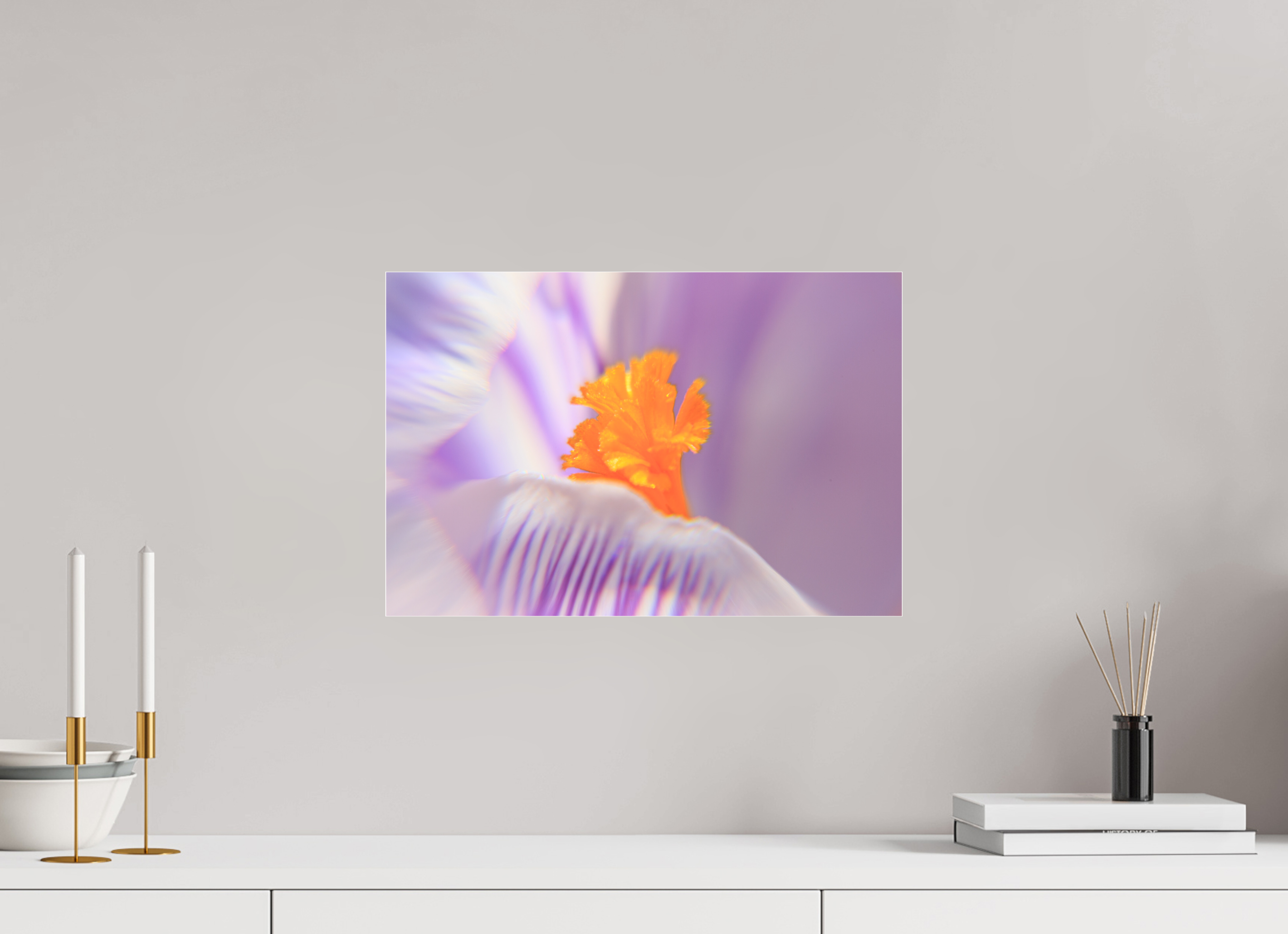 45 x 30 cm, Foto-Abzug hinter Acrylglas 3 mm matt Das Herz des Krokus: Schärfe auf Lila