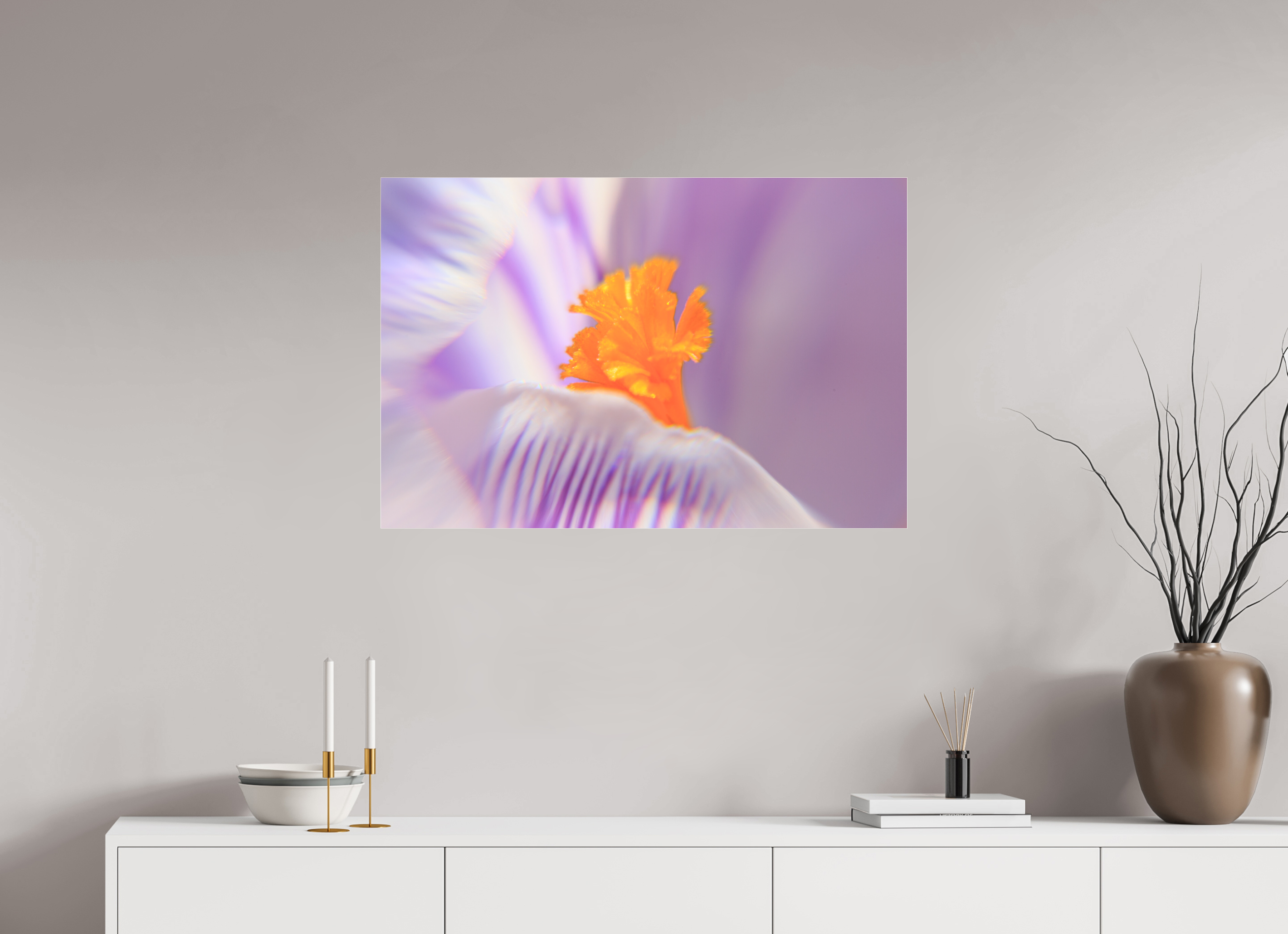 90 x 60 cm, Foto-Abzug hinter Acrylglas 3 mm matt Das Herz des Krokus: Schärfe auf Lila