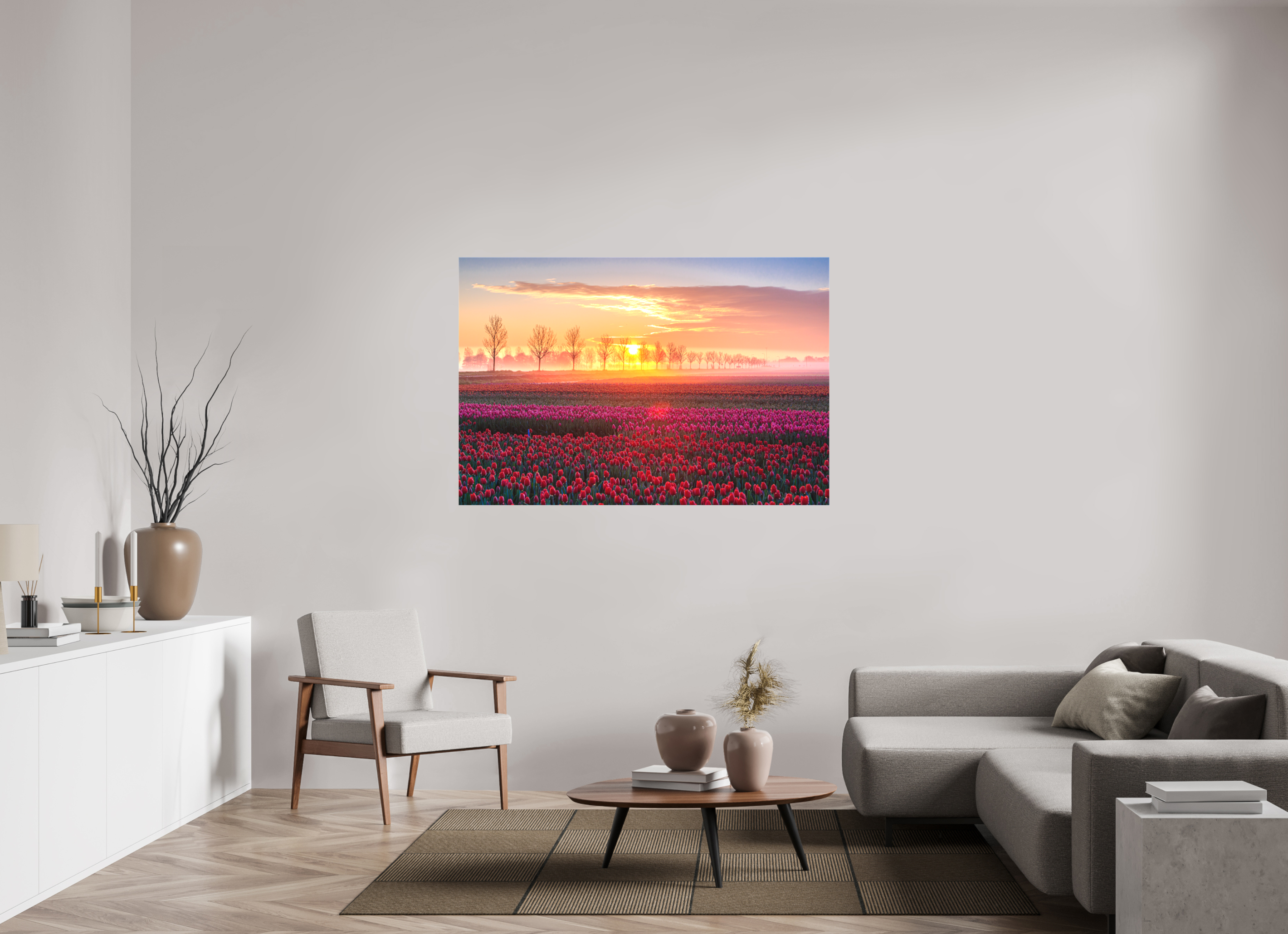 150 x 100 cm, Foto-Leinwand matt Sonnenaufgang über dem Tulpfenfeld