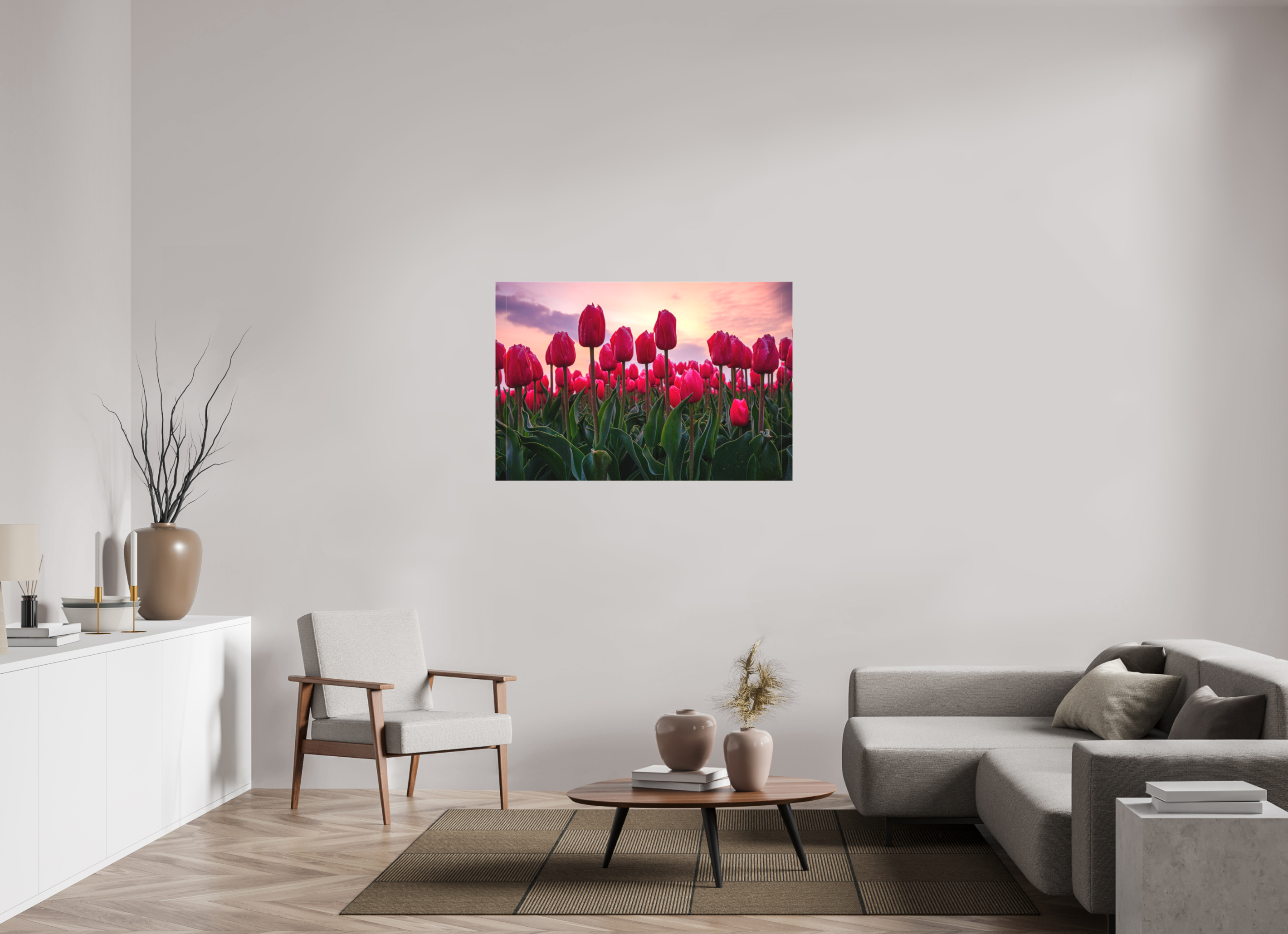 120 x 80 cm, Foto-Leinwand matt Glutrot am Horizont: Magie des Tulpenfelds im Abendlicht
