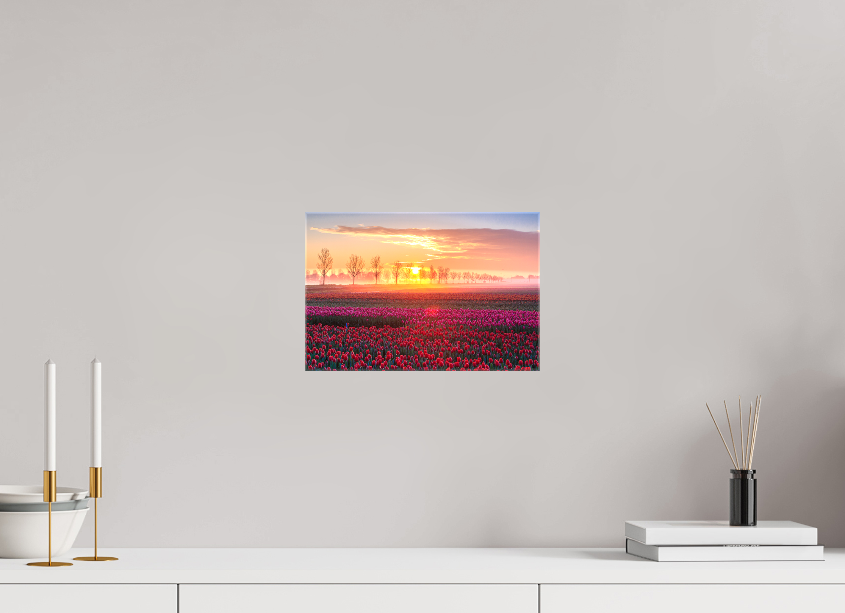 30 x 20 cm, Foto Leinwand glänzend Sonnenaufgang über dem Tulpfenfeld