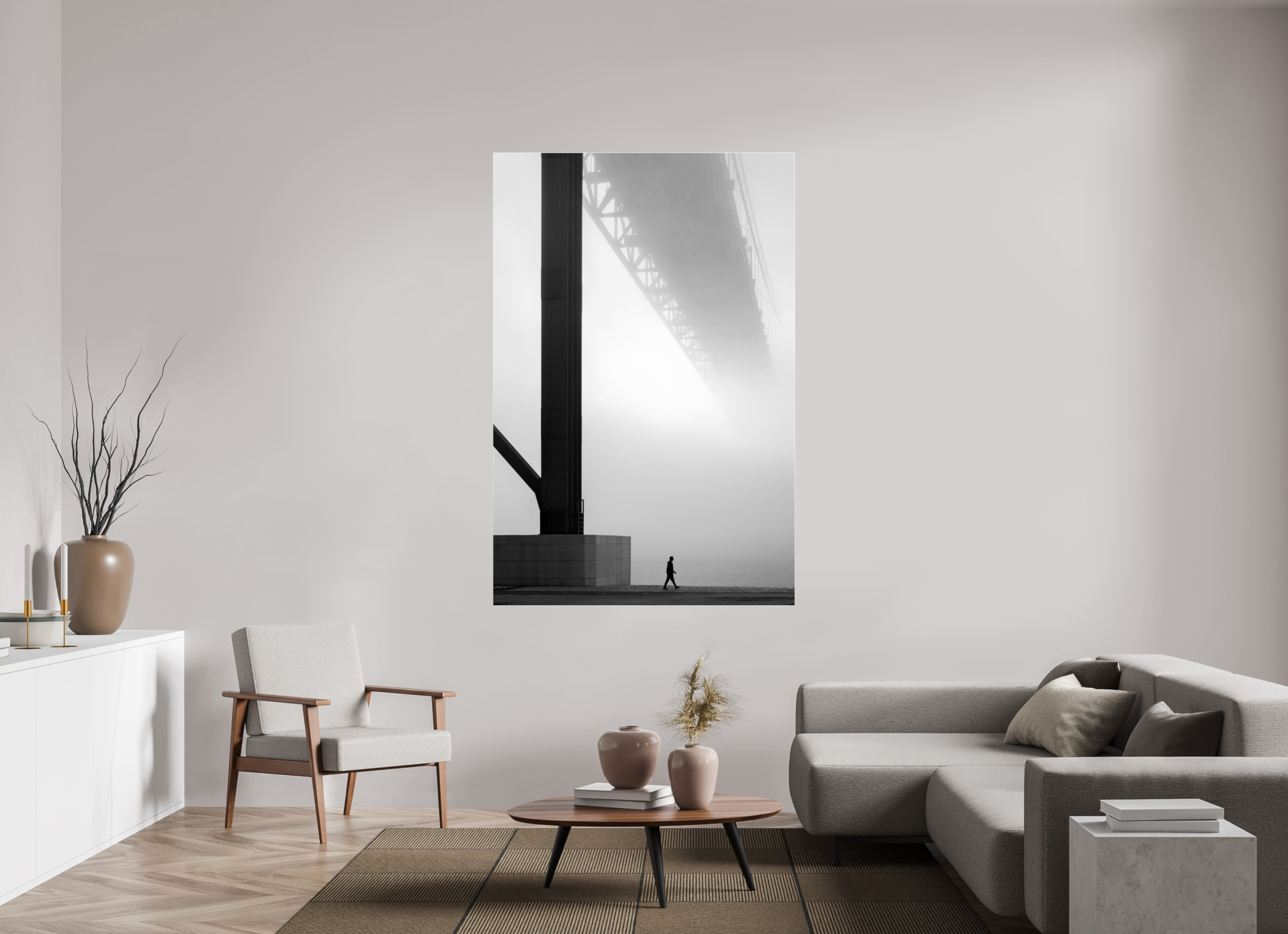 120 x 180 cm, Foto-Abzug Acrylglas 4 mm glänzend Lissabon Brücke im Nebel S/W – Wandbild in Galeriequalität