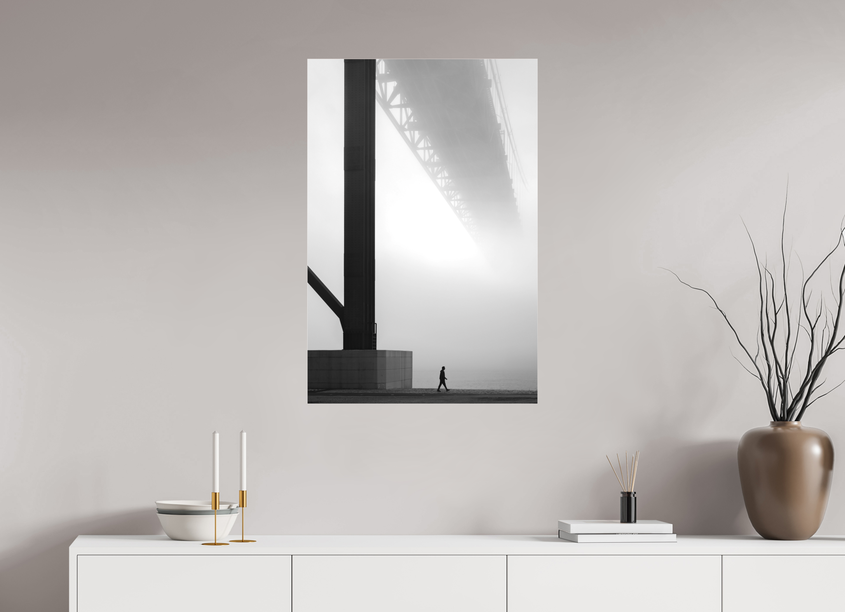 60 x 90 cm, Foto-Abzug hinter Acrylglas 3 mm matt Lissabon Brücke im Nebel S/W – Wandbild in Galeriequalität