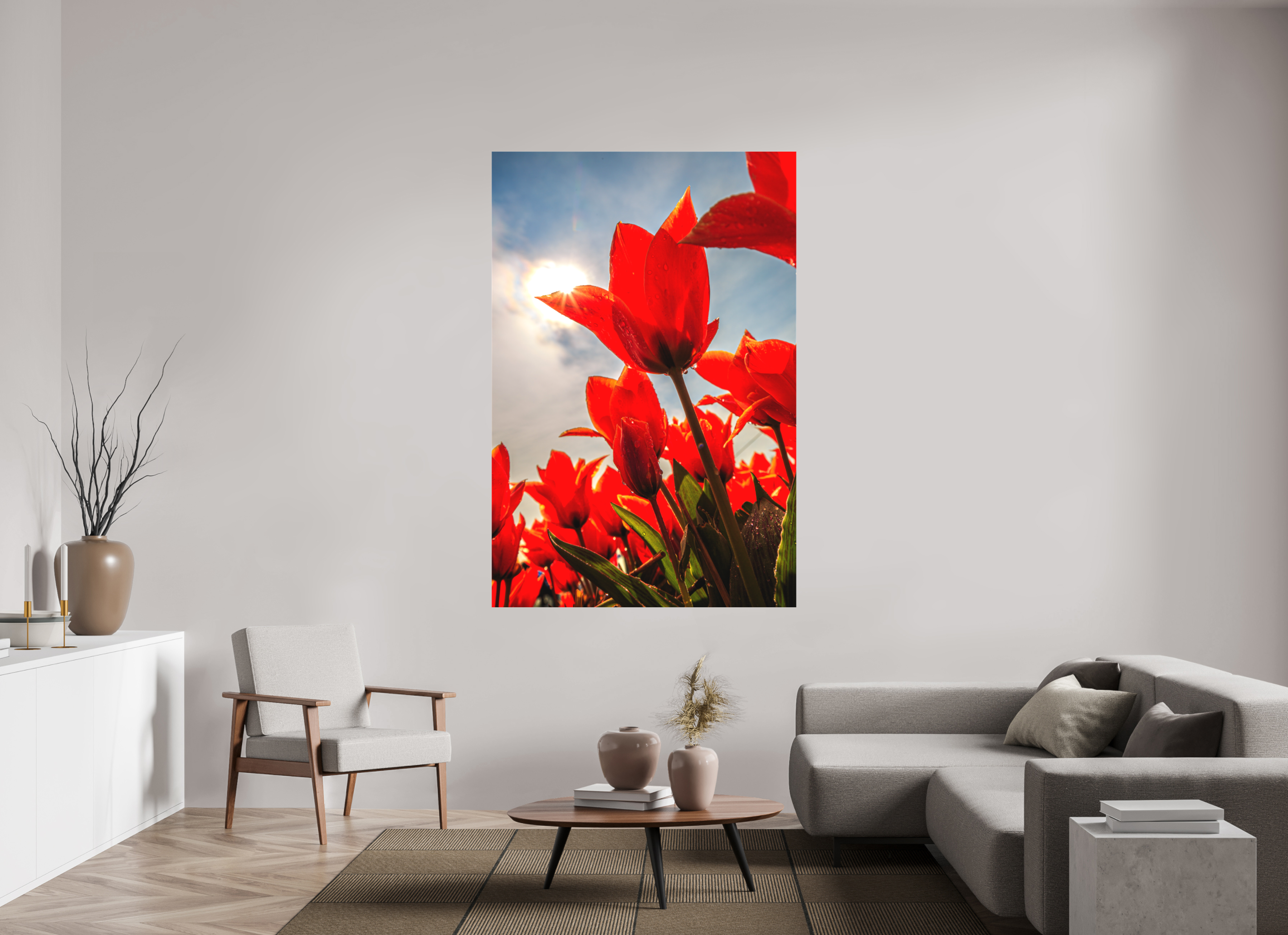 120 x 180 cm, Foto-Leinwand matt Leuchtende Kelche: Offene Tulpen im Sonnenlicht