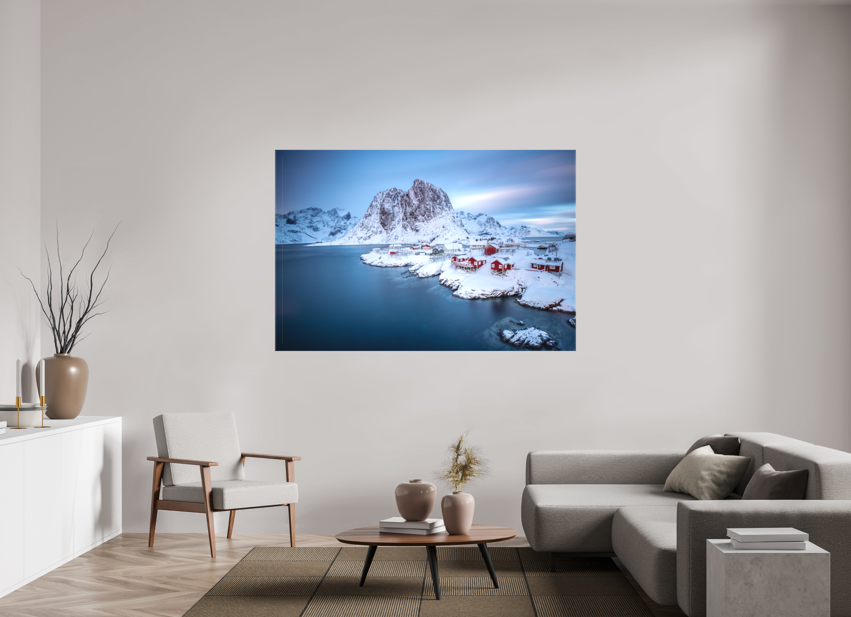 180 x 120 cm, Foto-Leinwand matt Hamnøy - Fischerdorf auf den Lofoten im Winter