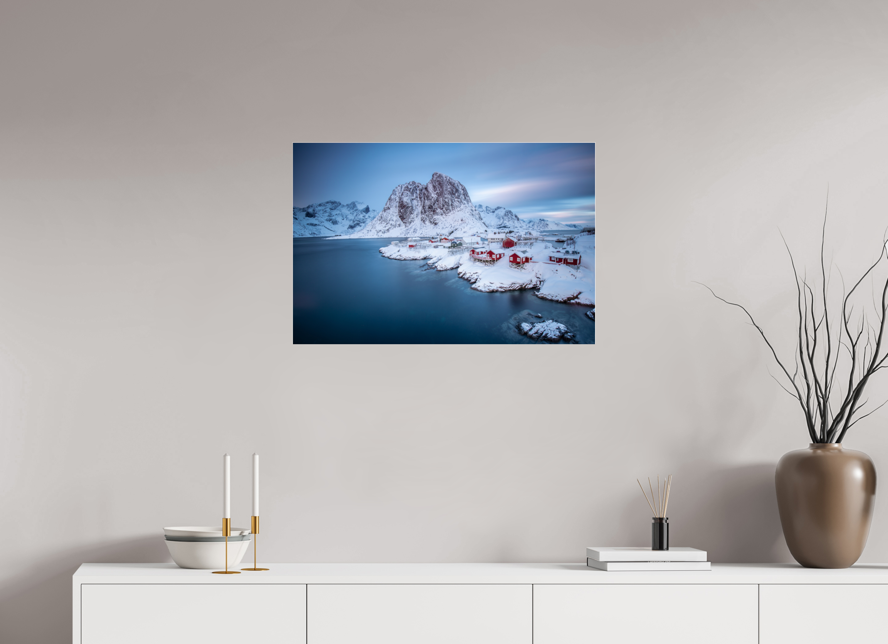 75 x 50 cm, Foto-Abzug Acrylglas 4 mm glänzend Hamnøy - Fischerdorf auf den Lofoten im Winter