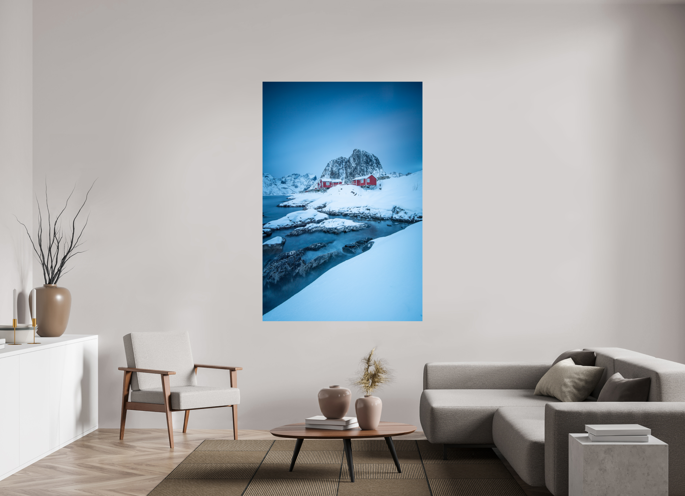 120 x 180 cm, Photo Print On Fuji Crystal DP II Winterstille in Hamnøy – Felsen, Wasser und rote Häuser
