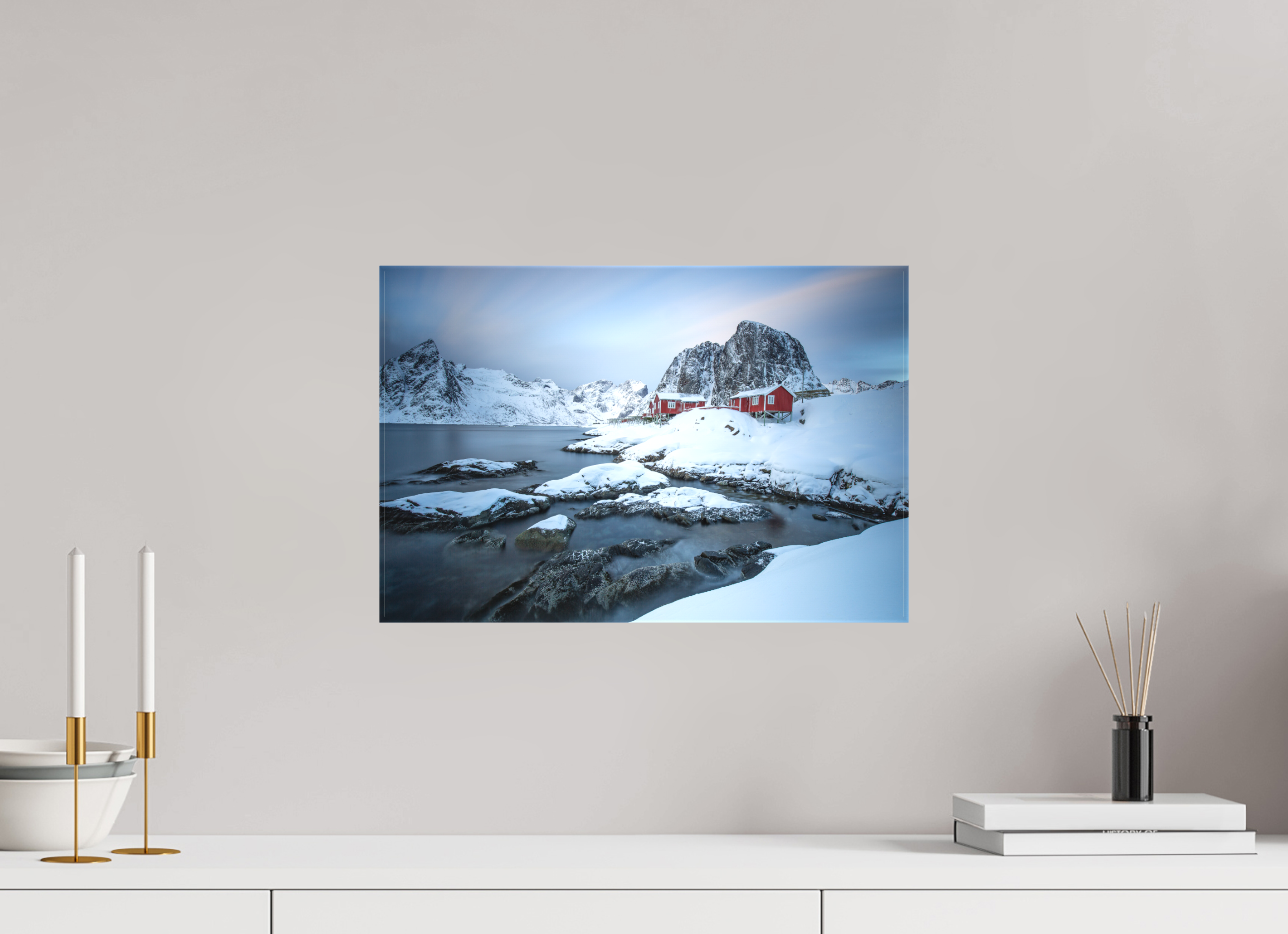45 x 30 cm, Foto-Leinwand matt Nordische Ruhe – Hamnøy zwischen Felsen und Fjord