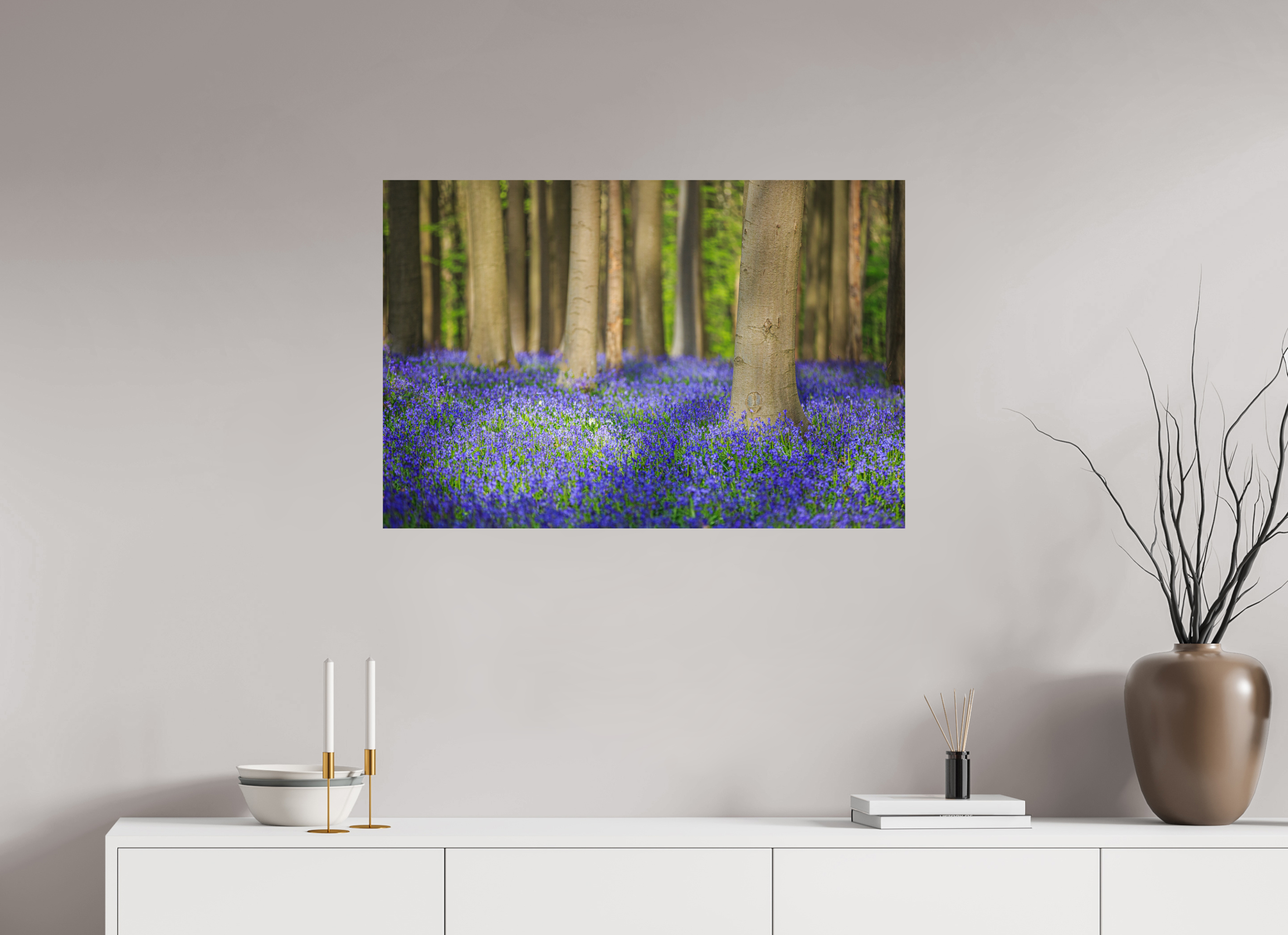 90 x 60 cm, Photo Print On Fuji Crystal DP II Mystischer Frühlingswald – Tanz des Lichts über blauem Blütenmeer