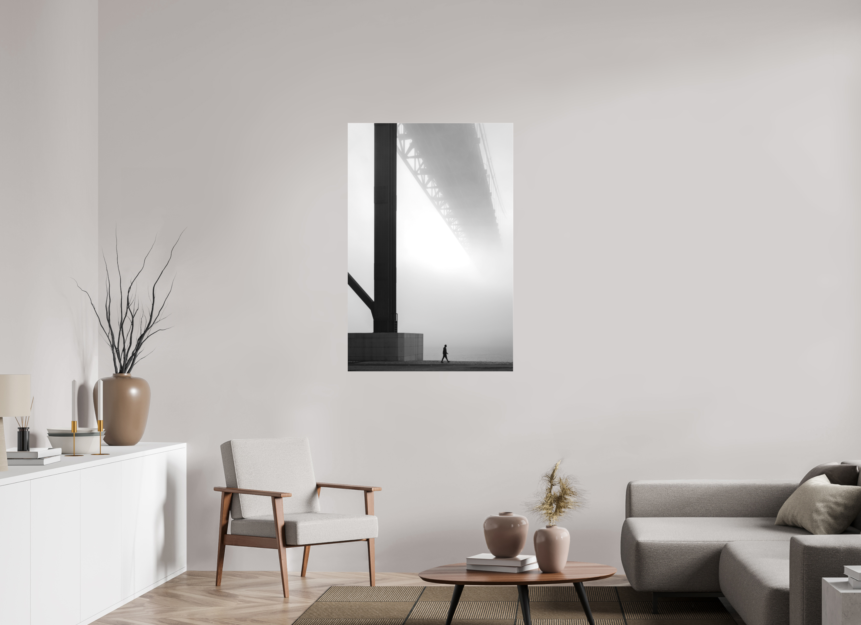 80 x 120 cm, Foto-Abzug hinter Acrylglas 3 mm matt Lissabon Brücke im Nebel S/W – Wandbild in Galeriequalität