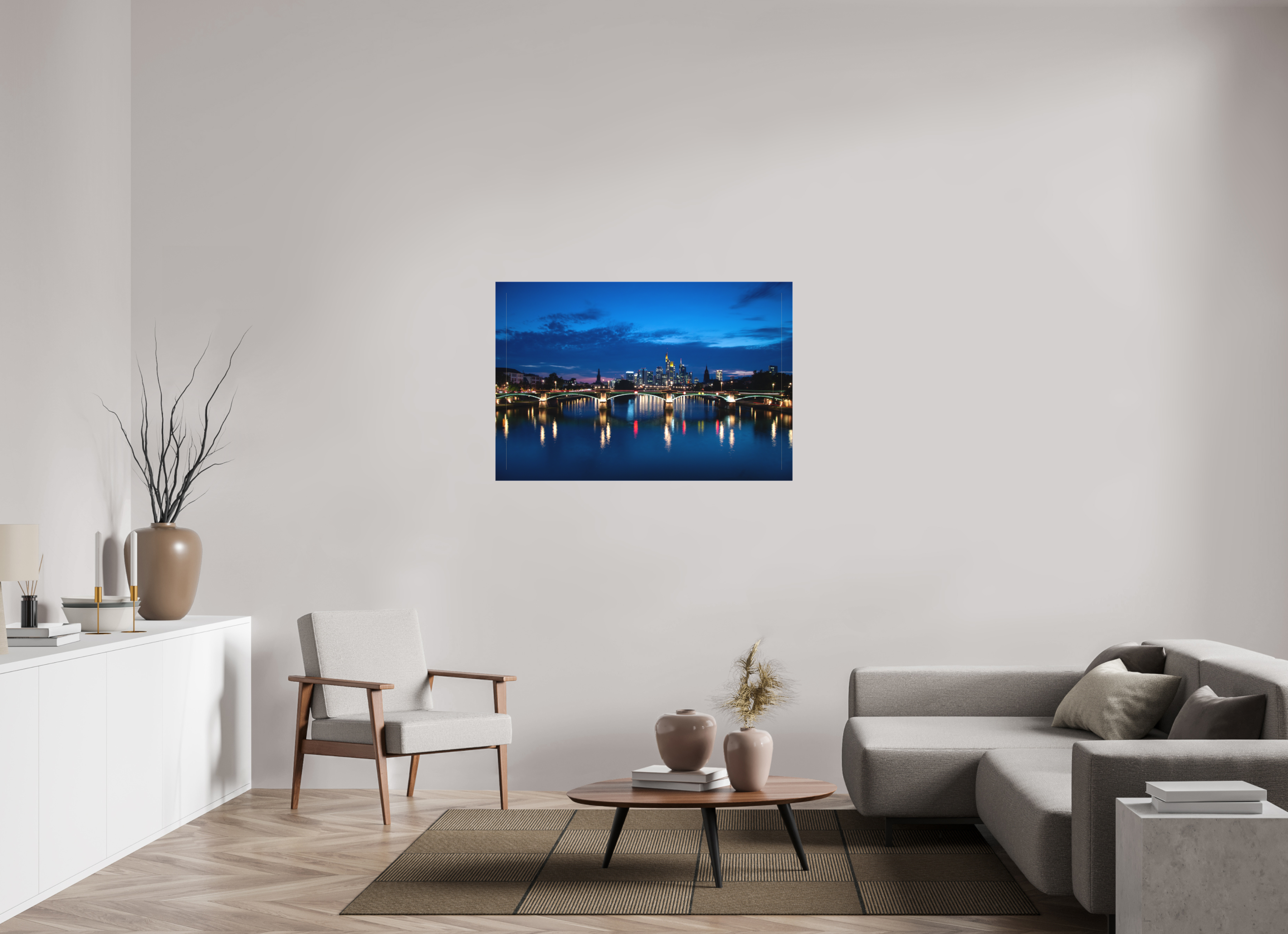 120 x 80 cm, Foto-Leinwand matt Frankfurter Skyline – Flößerbrücke zur Blauen Stunde