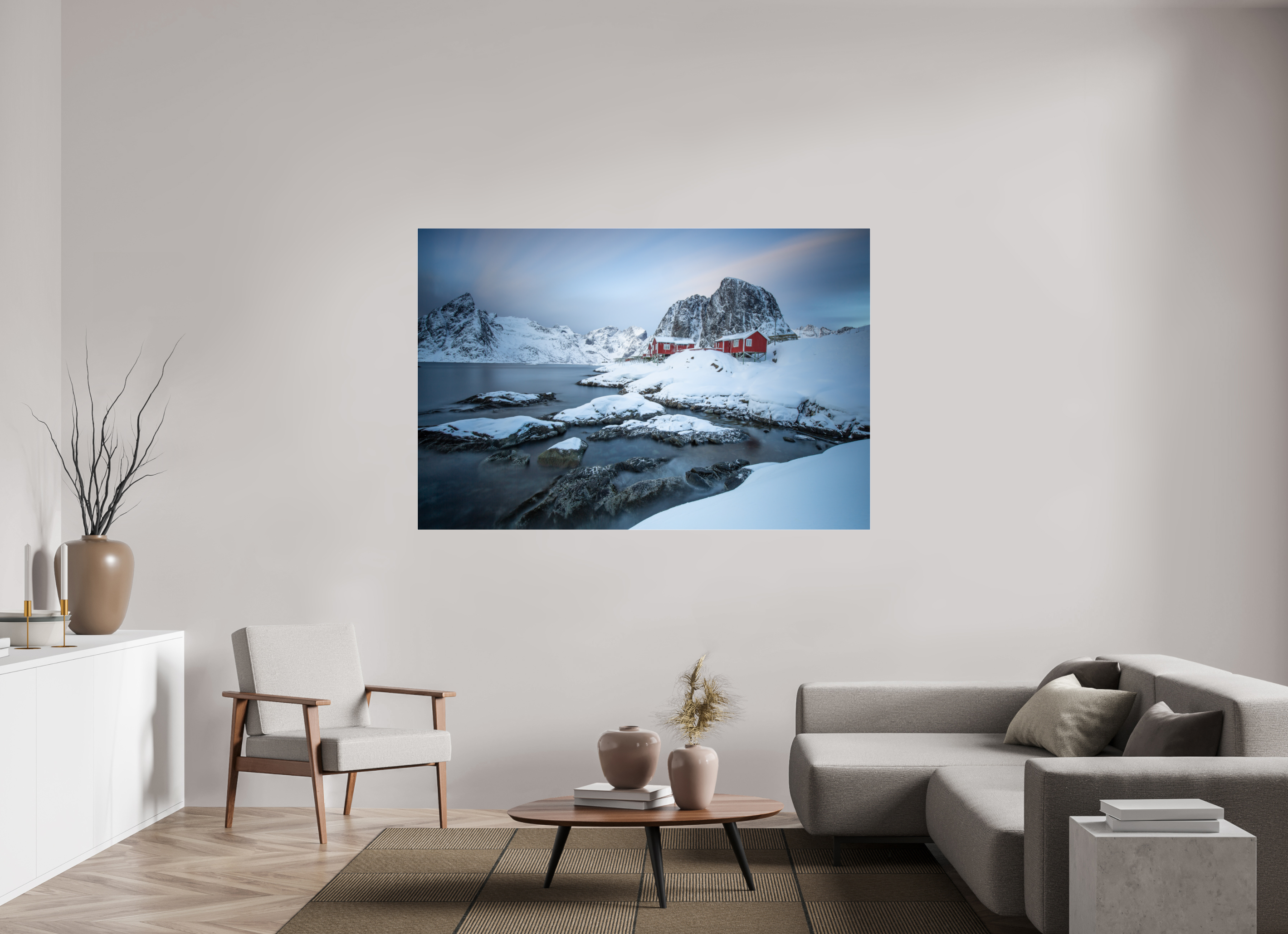 180 x 120 cm, Foto-Abzug Acrylglas 4 mm glänzend Nordische Ruhe – Hamnøy zwischen Felsen und Fjord