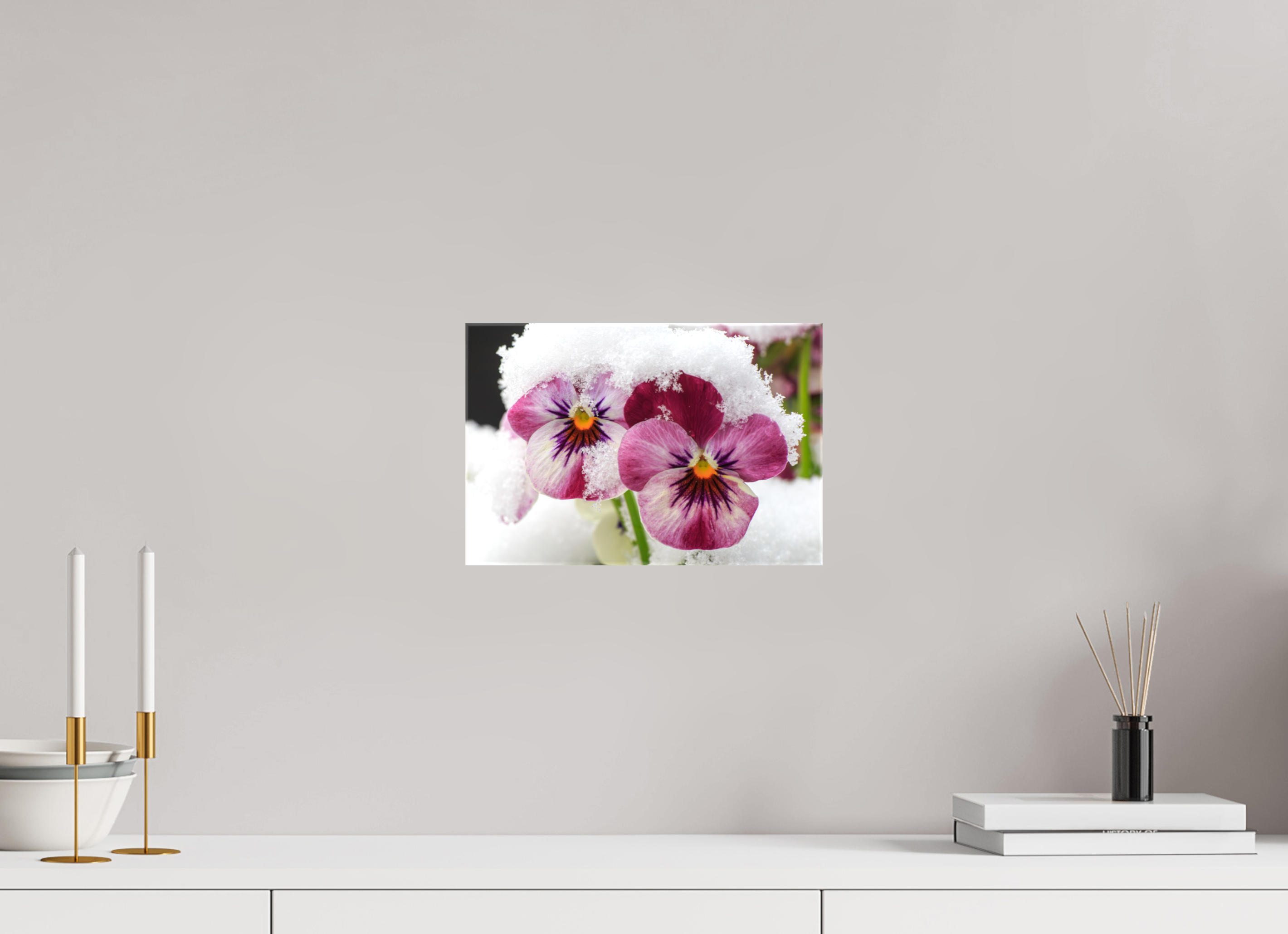 30 x 20 cm, Foto Leinwand glänzend Winterzauber: Veilchenblüte mit glitzernden Eiskristallen