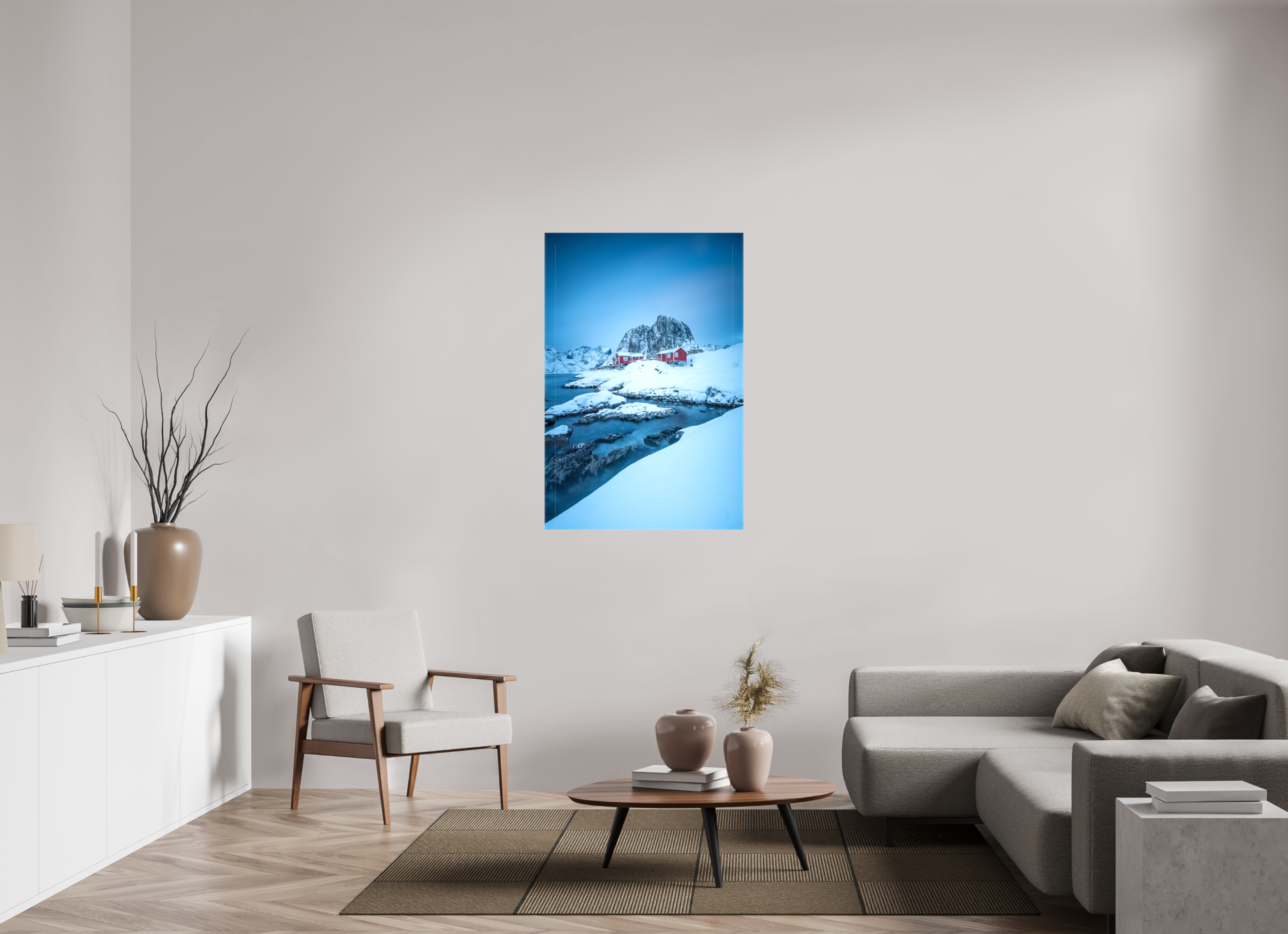 80 x 120 cm, Foto Leinwand glänzend Winterstille in Hamnøy – Felsen, Wasser und rote Häuser