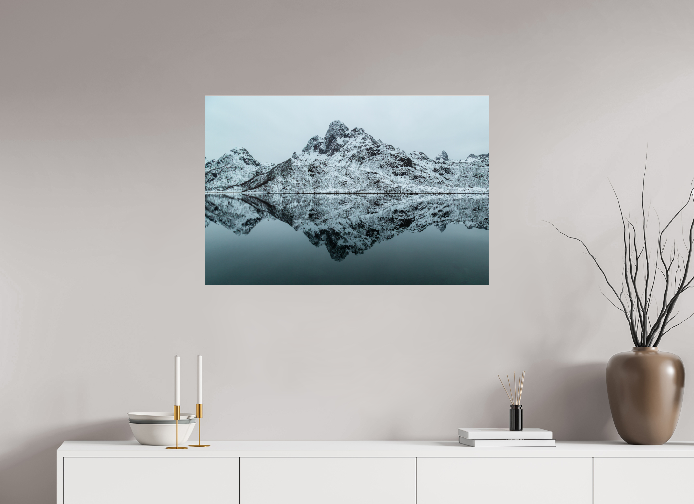 90 x 60 cm, Foto-Abzug Acrylglas 4 mm glänzend Spiegelung der Stille – Fjordlandschaft Norwegens
