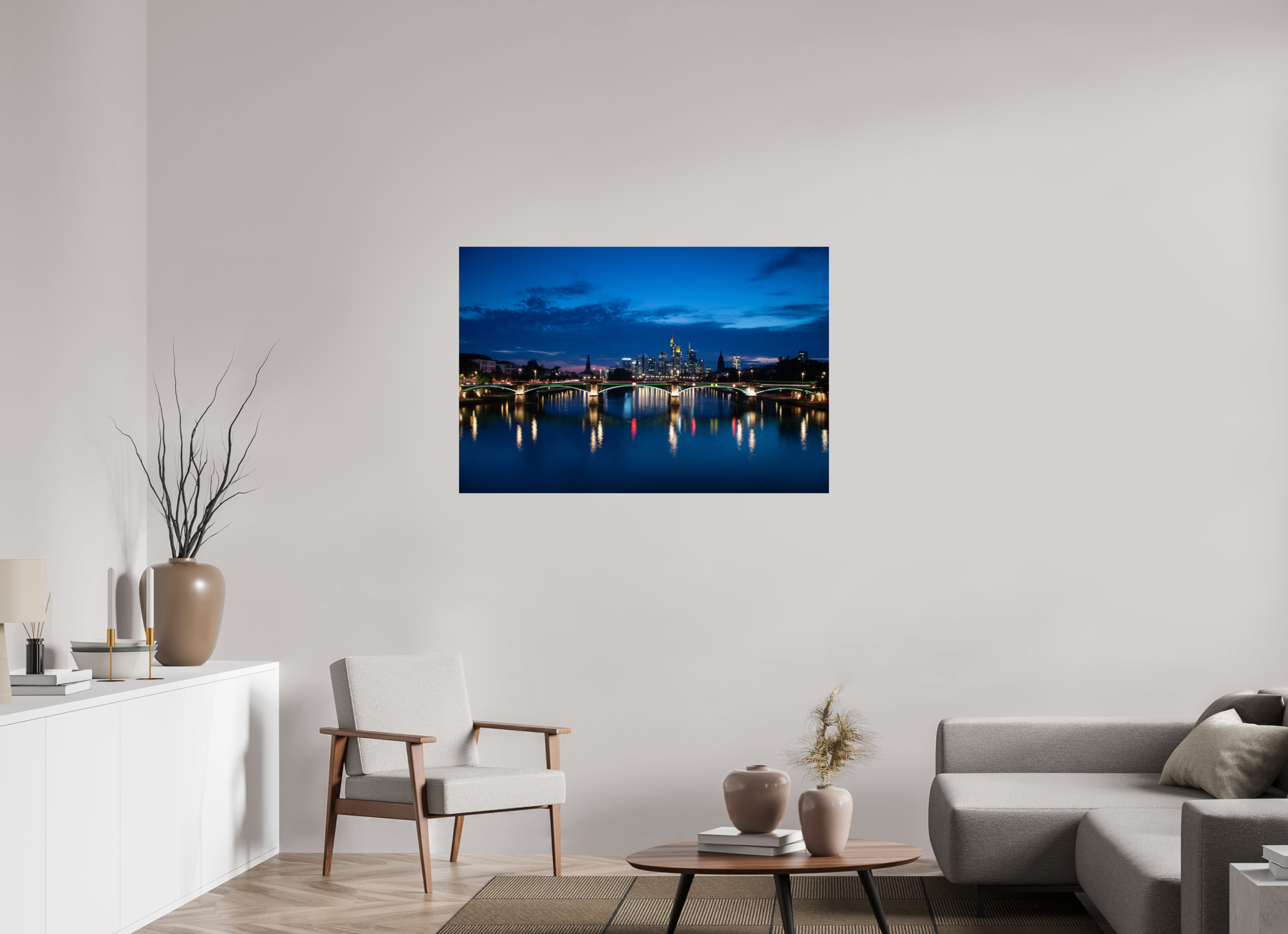 120 x 80 cm, Photo Print On Fuji Crystal DP II Frankfurter Skyline – Flößerbrücke zur Blauen Stunde