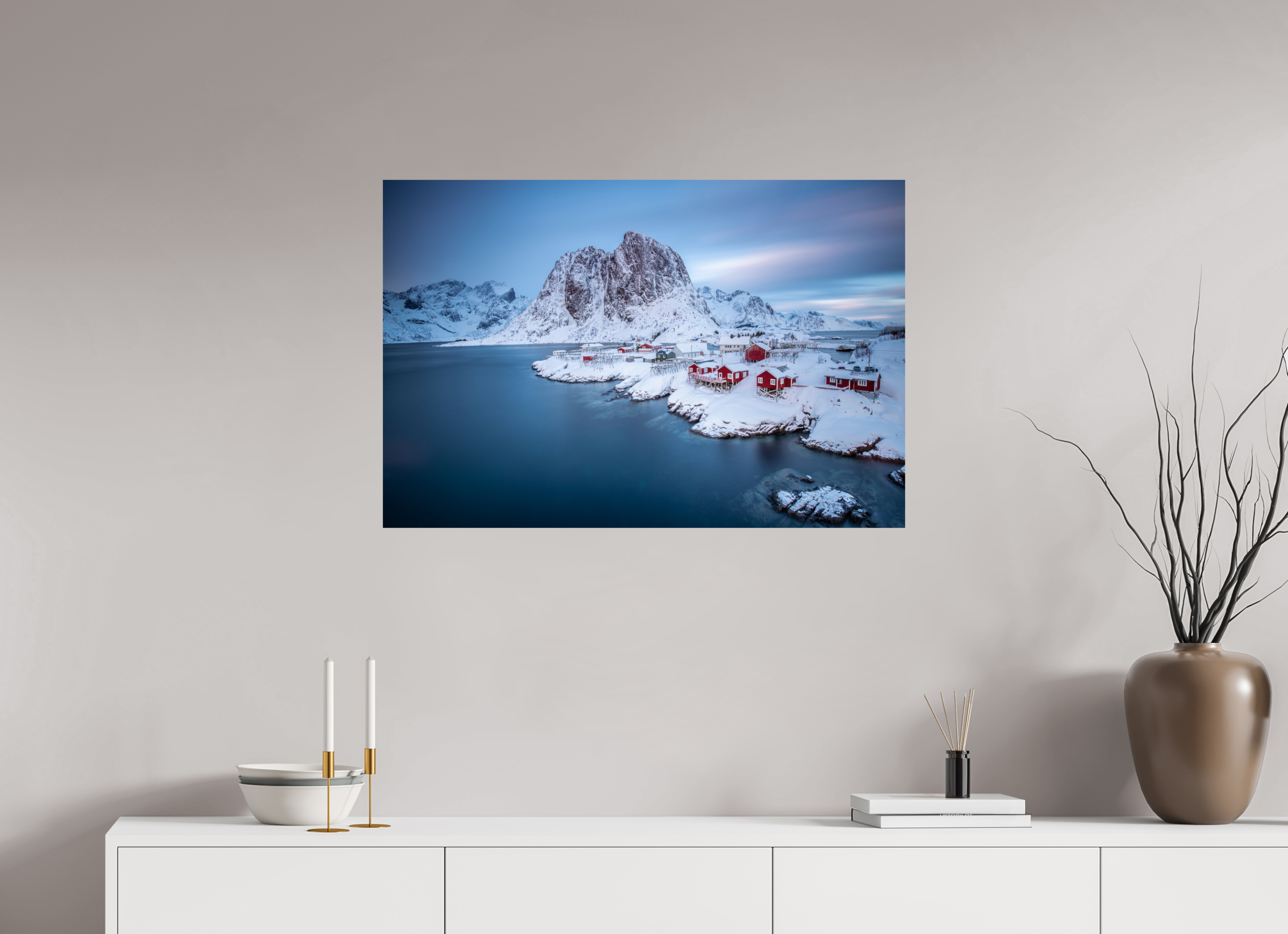 90 x 60 cm, Photo Print On Fuji Crystal DP II Hamnøy - Fischerdorf auf den Lofoten im Winter