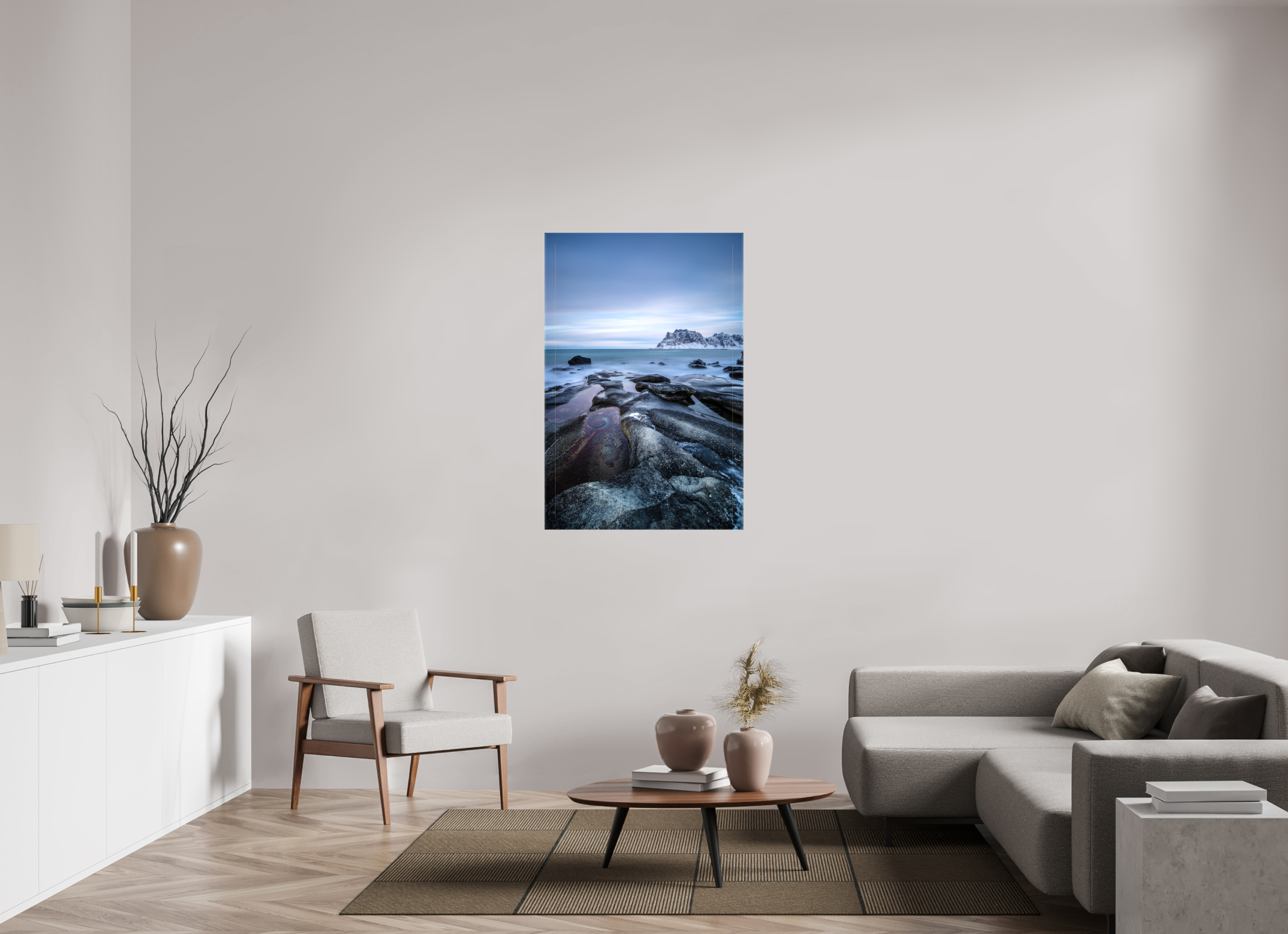 80 x 120 cm, Foto Leinwand glänzend Mystisches Uttakleiv – Das Auge im Winterfels